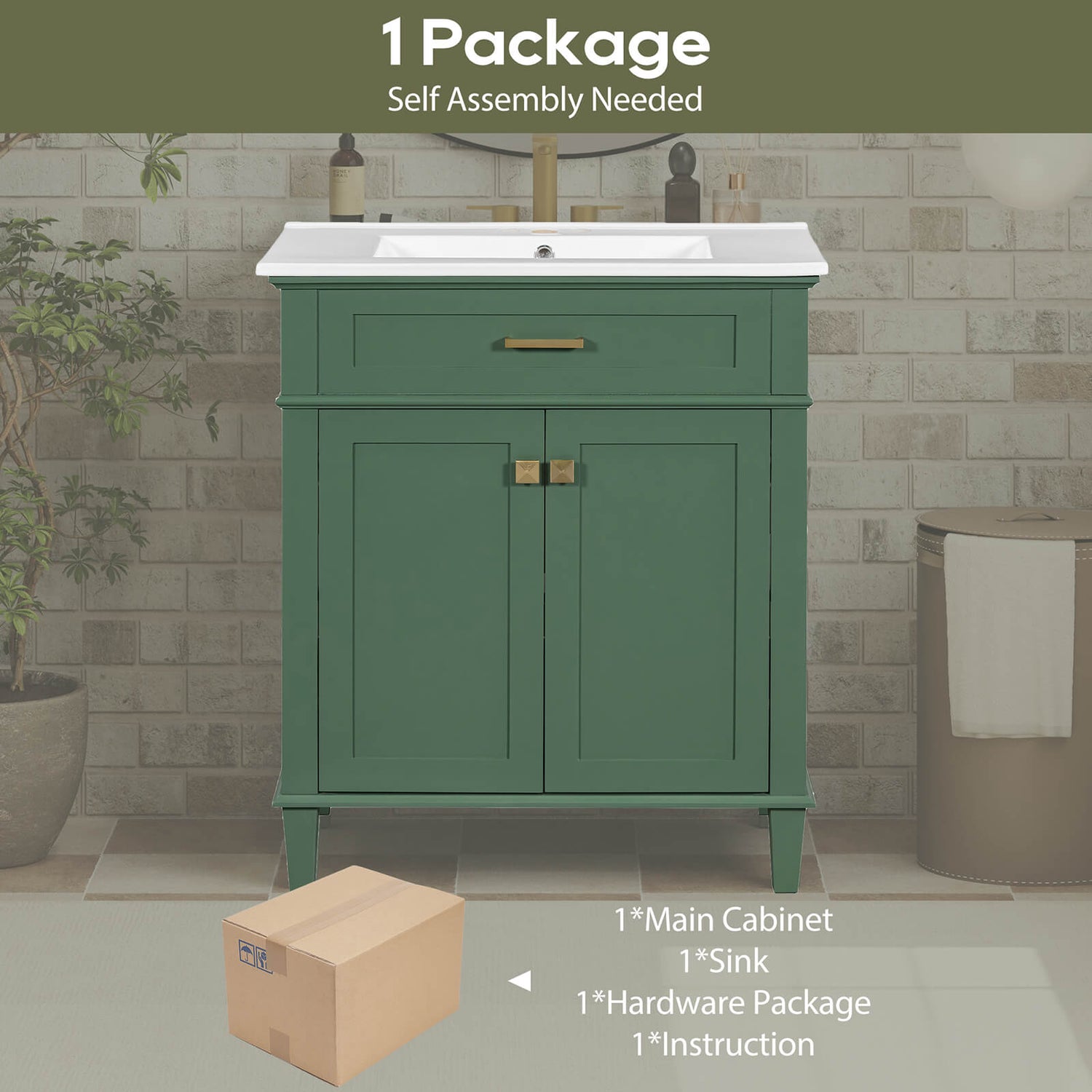 Package diagram of 30 inch green bathroom vanity with undermount ceramic sink