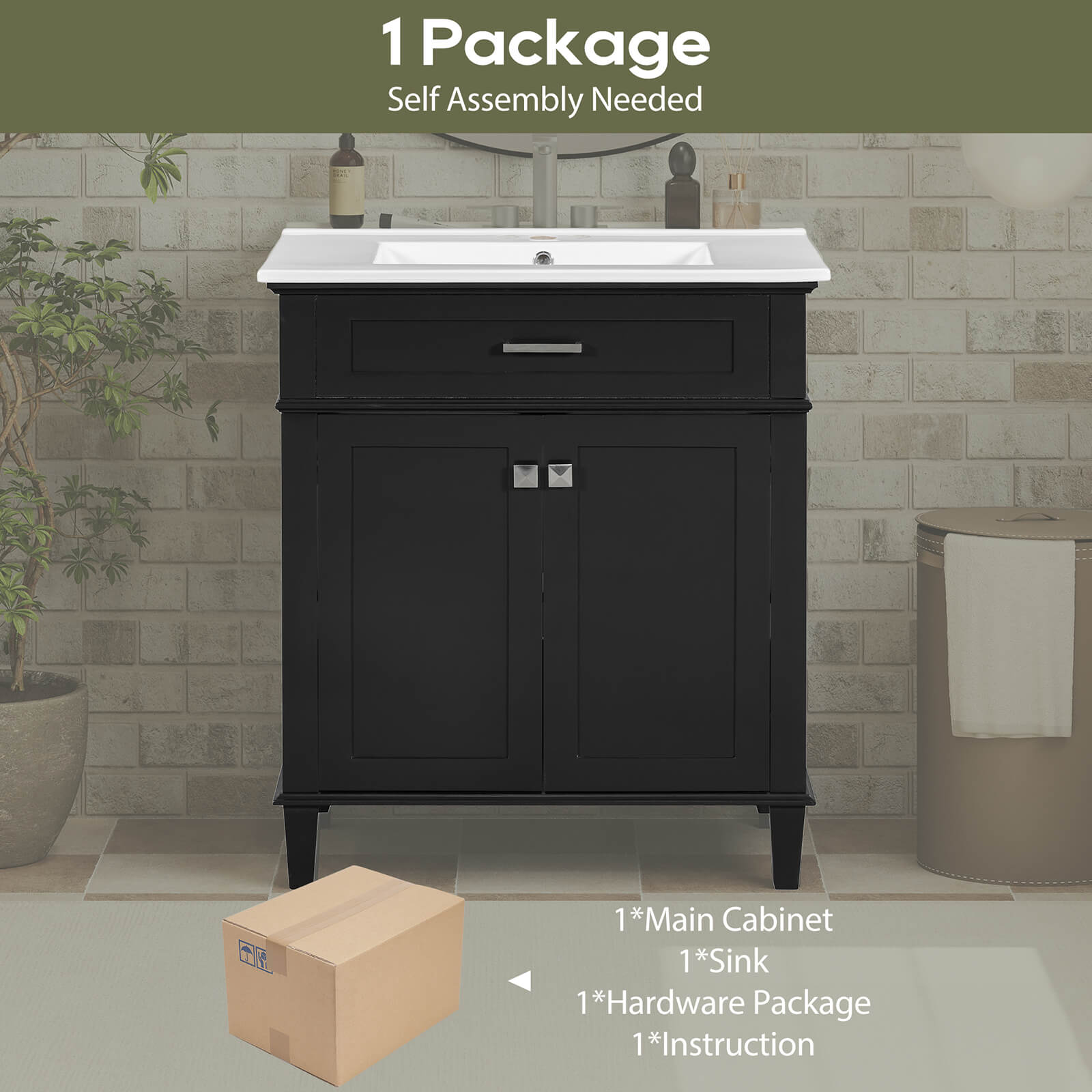 Package diagram of a 30 inch black bathroom vanity with undermount ceramic sink