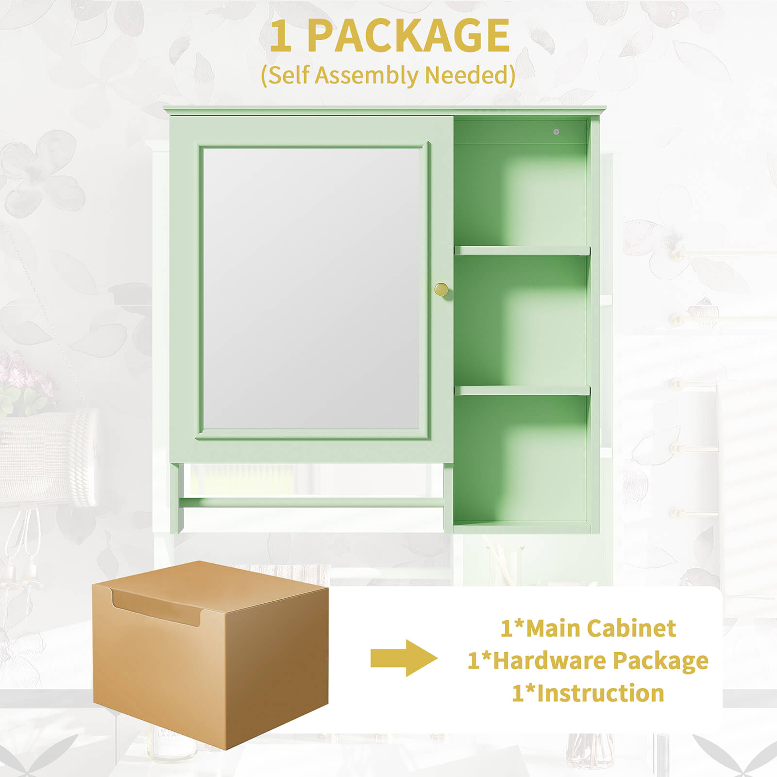 Package drawing of 29 x 28 Green Medicine Cabinet with Open Shelves and Mirrored Doors