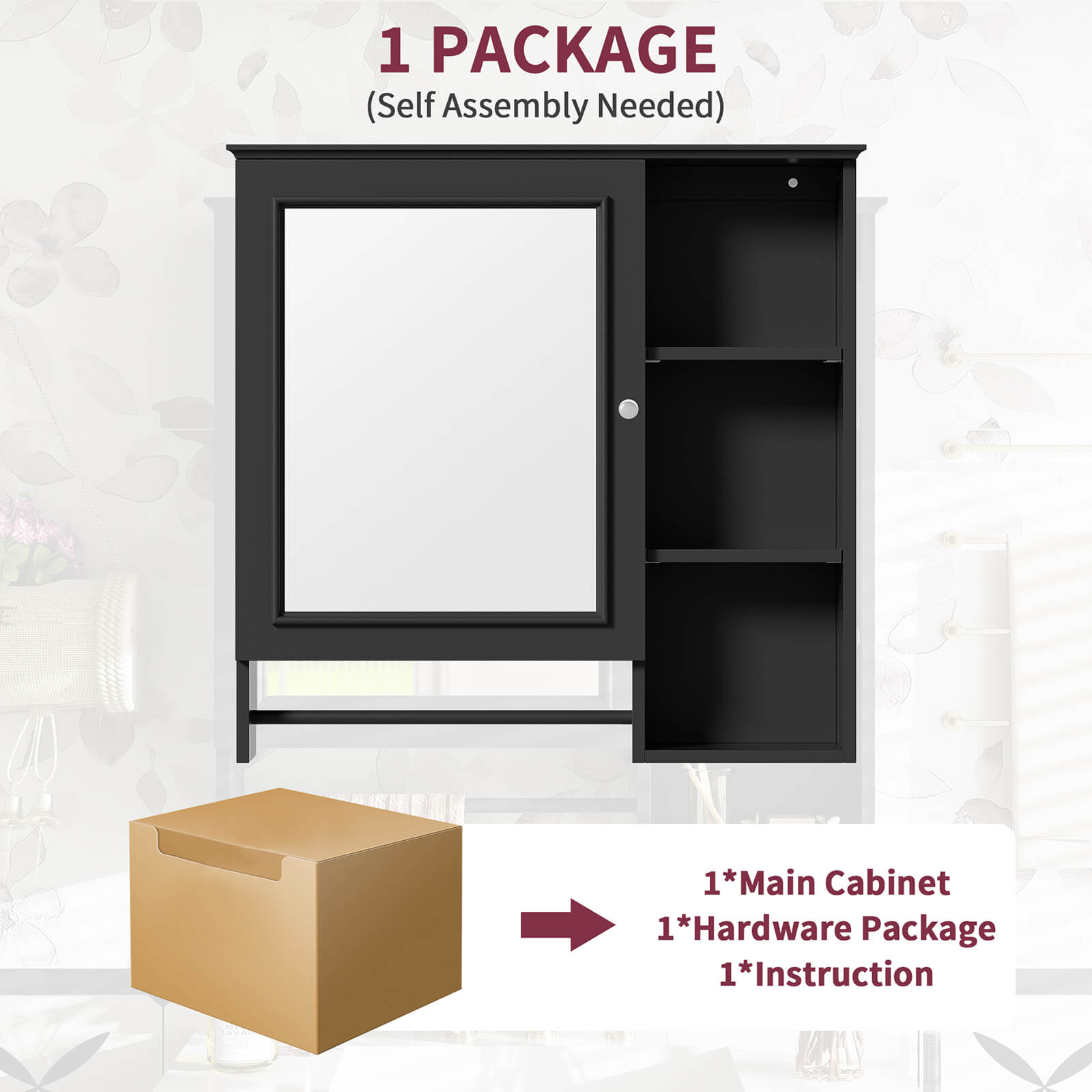 Package drawing of 29 x 28 black medicine cabinet with open shelves and mirrored doors