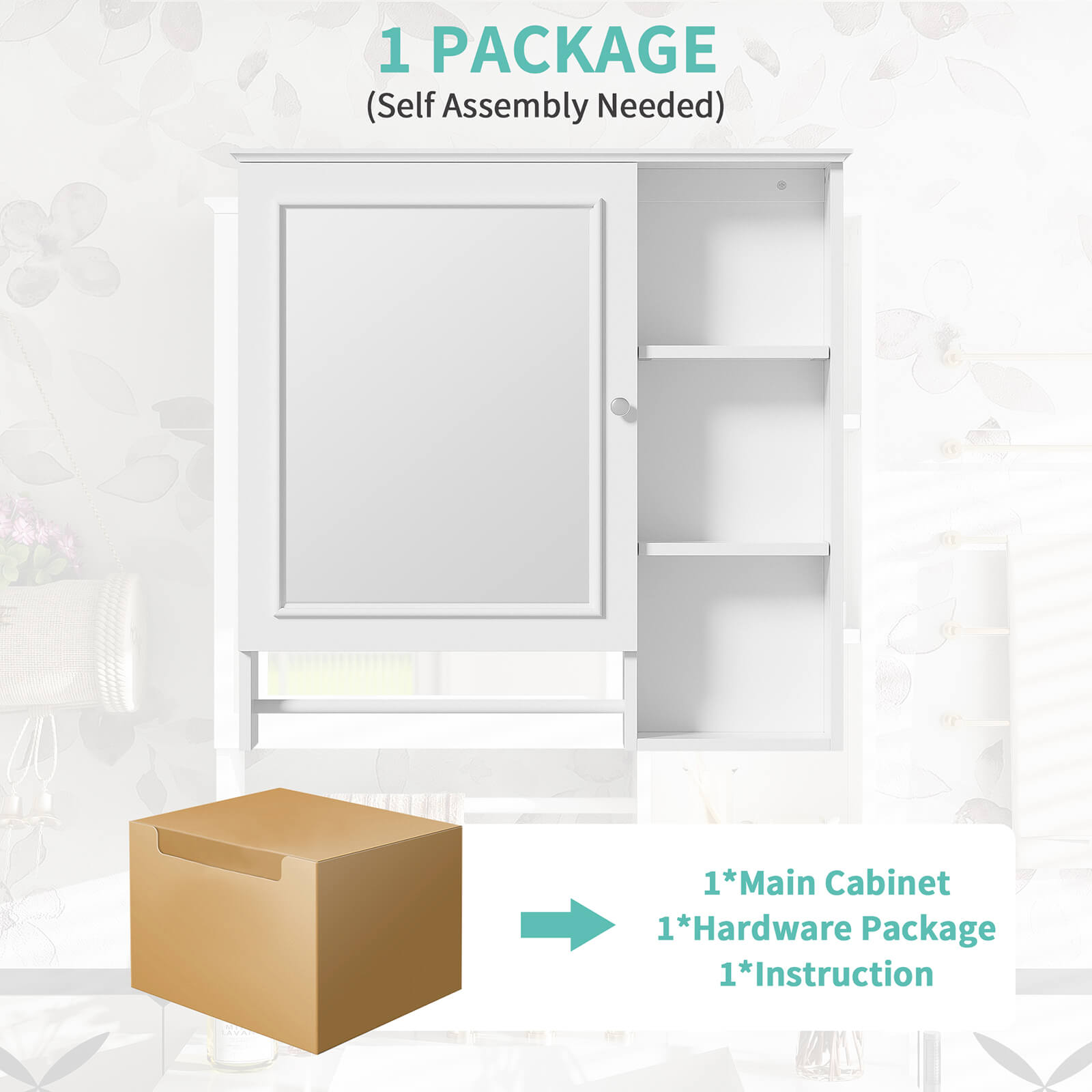 Package drawing of 29 x 28inch white medicine cabinet with open shelves and mirrored doors