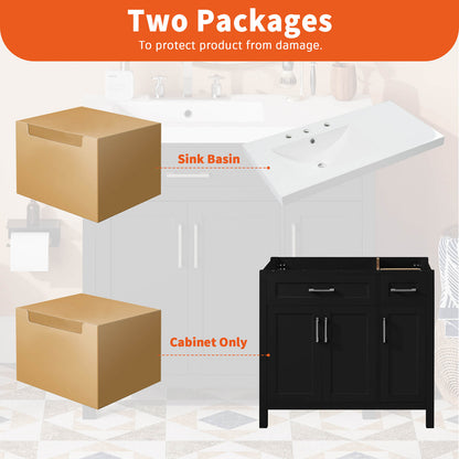 Package drawing of 36 in black bathroom vanity with left offset sink