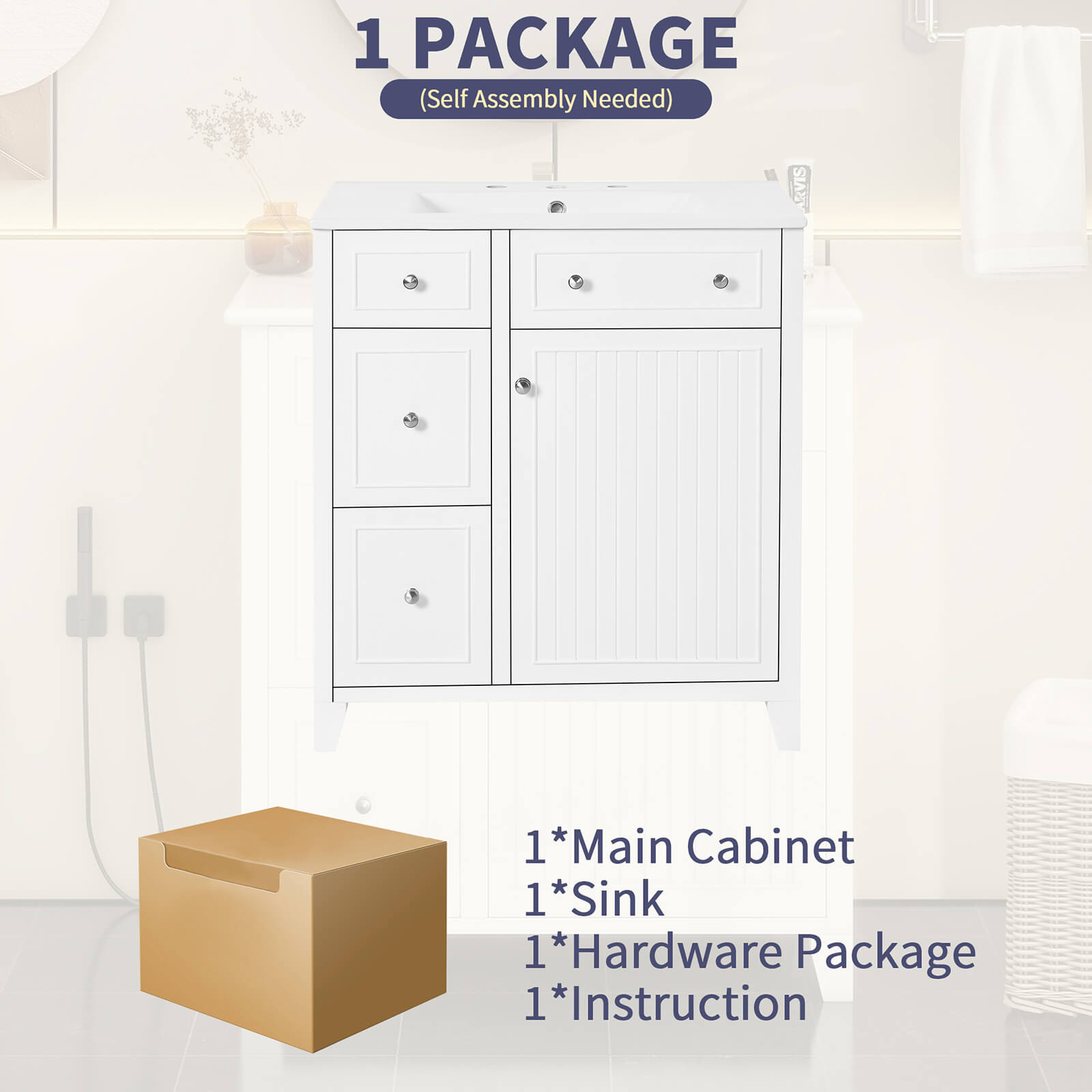 Package image of 30 white bathroom vanity with 2 left side drawers