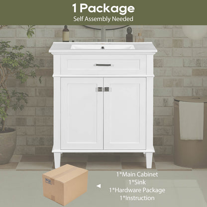 Package image of 30 white bathroom vanity with undermount ceramic sink