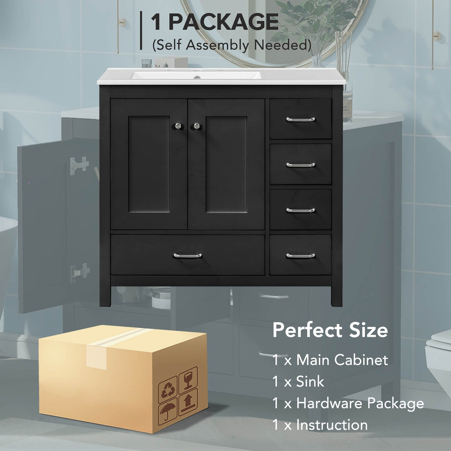 Package image of 36 black bathroom vanity with drawers on right