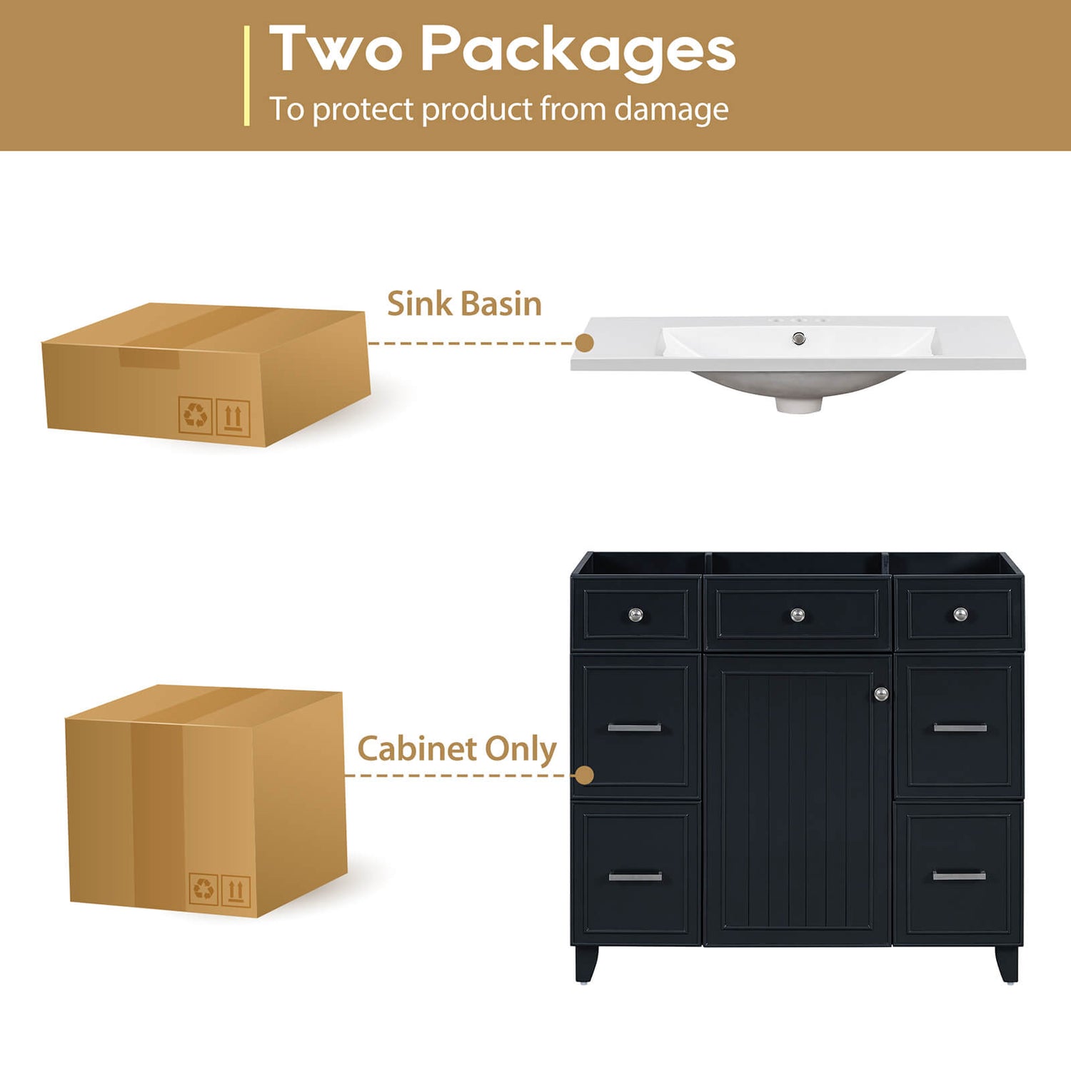 Packaged Package 36 inch Black Bathroom Vanity with Integrated Resin Sink