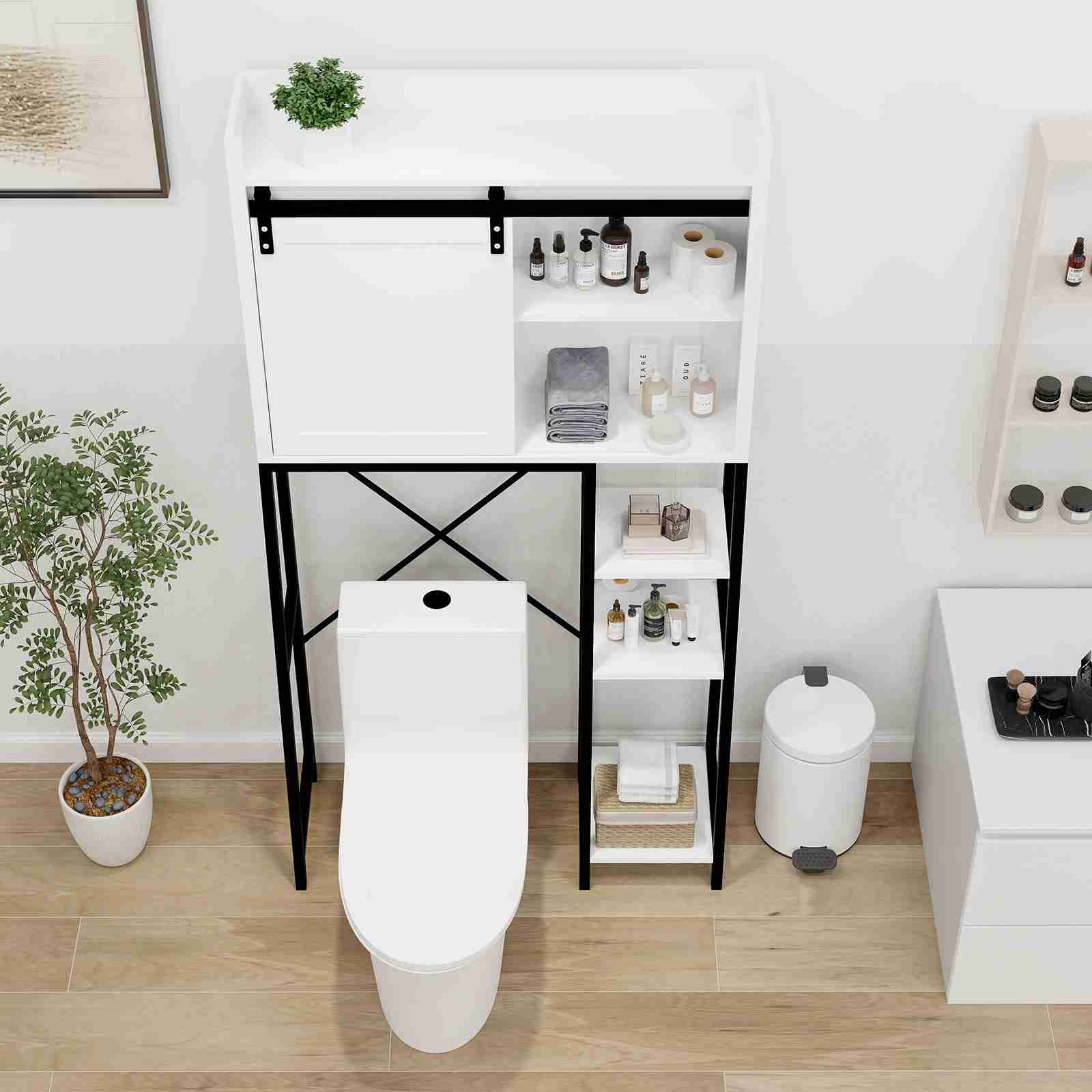 White Bathroom Over Toilet Storage with Sliding Barn Door, Adjustable Shelves, Side Rack