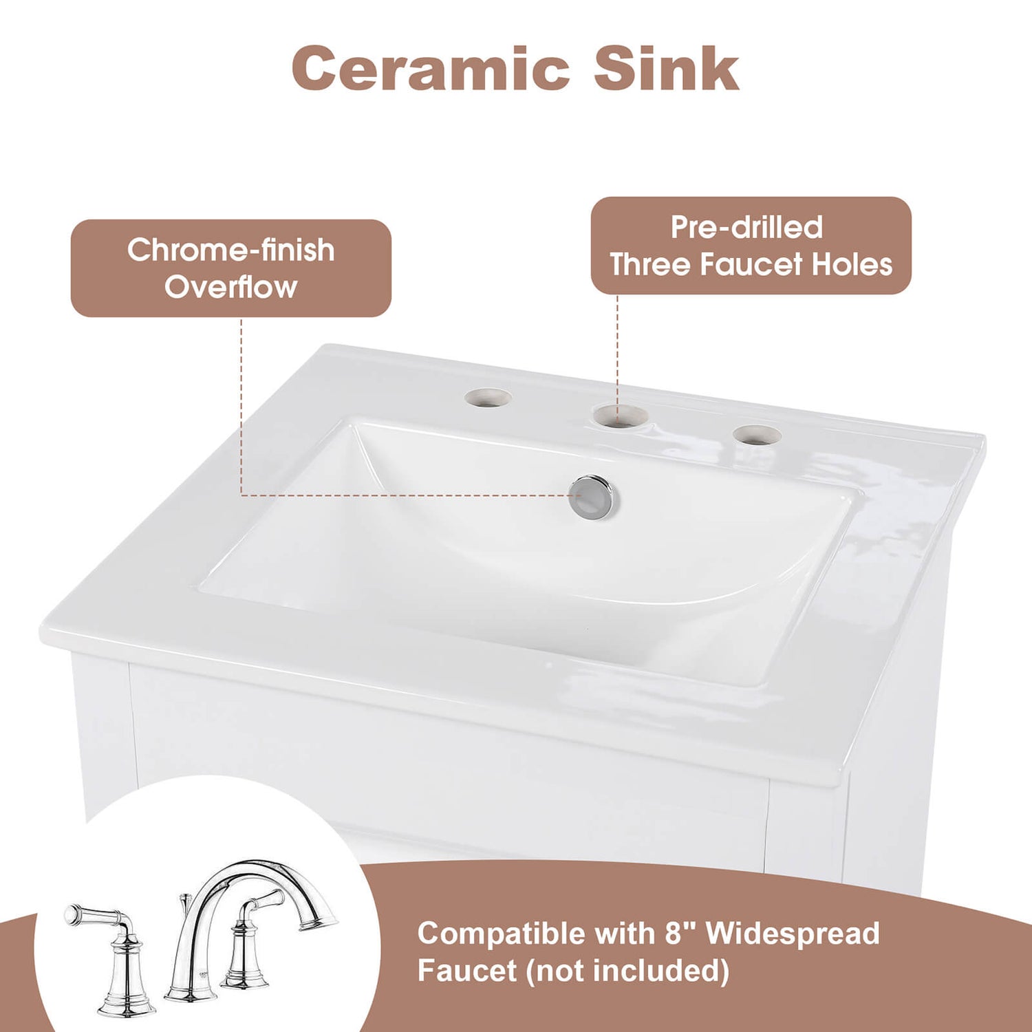 Pre cut holes for 20 inch white minimalist bathroom vanity with storage space