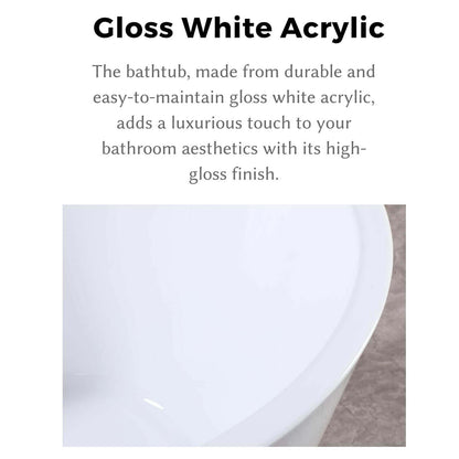 Presentation of 67 Inch Glossy White Freestanding Bathtub in Acrylic with Chrome Overflow