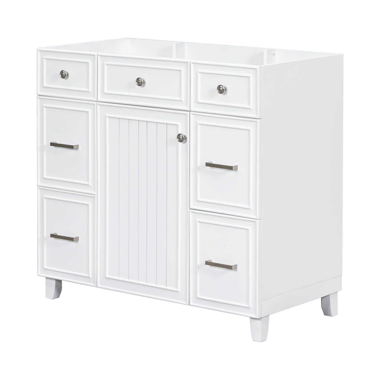 Pristine white vanity cabinet designed to brighten your bathroom and provide practical storage solutions