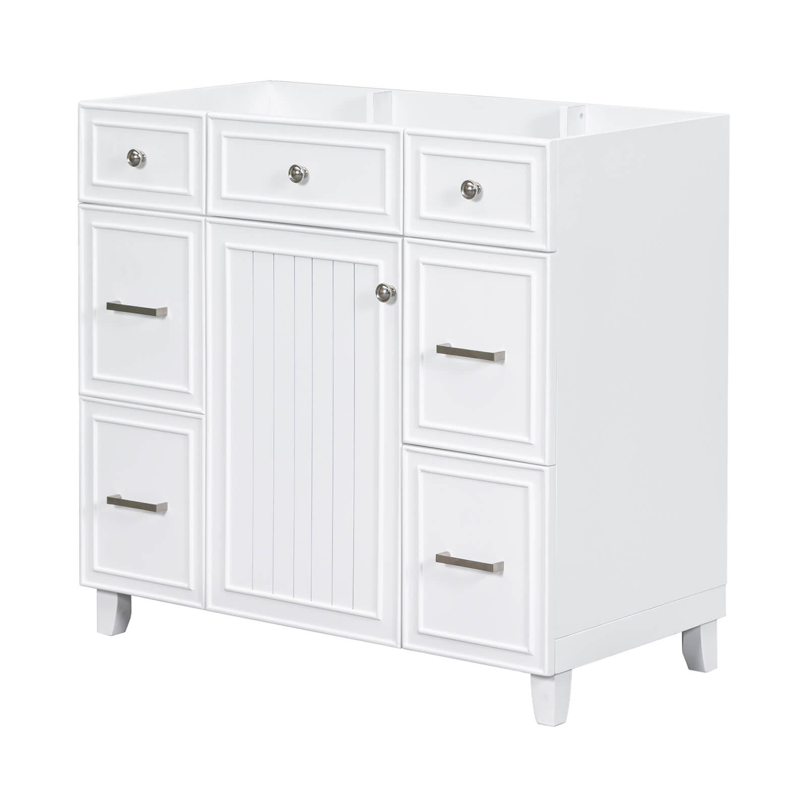 Pristine white vanity cabinet designed to brighten your bathroom and provide practical storage solutions