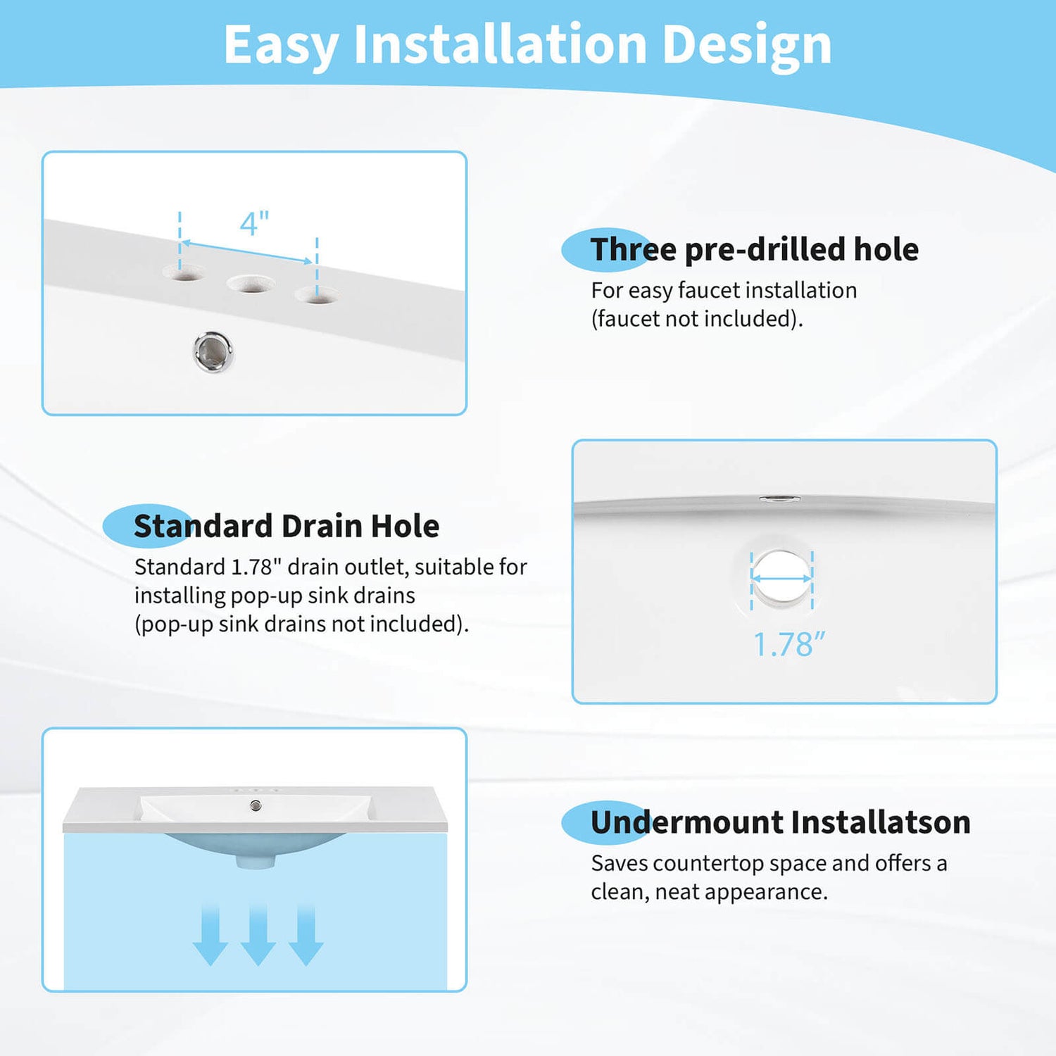 Resin Bathroom Sink Vanity Top with Widespread 4 in Faucet Holes