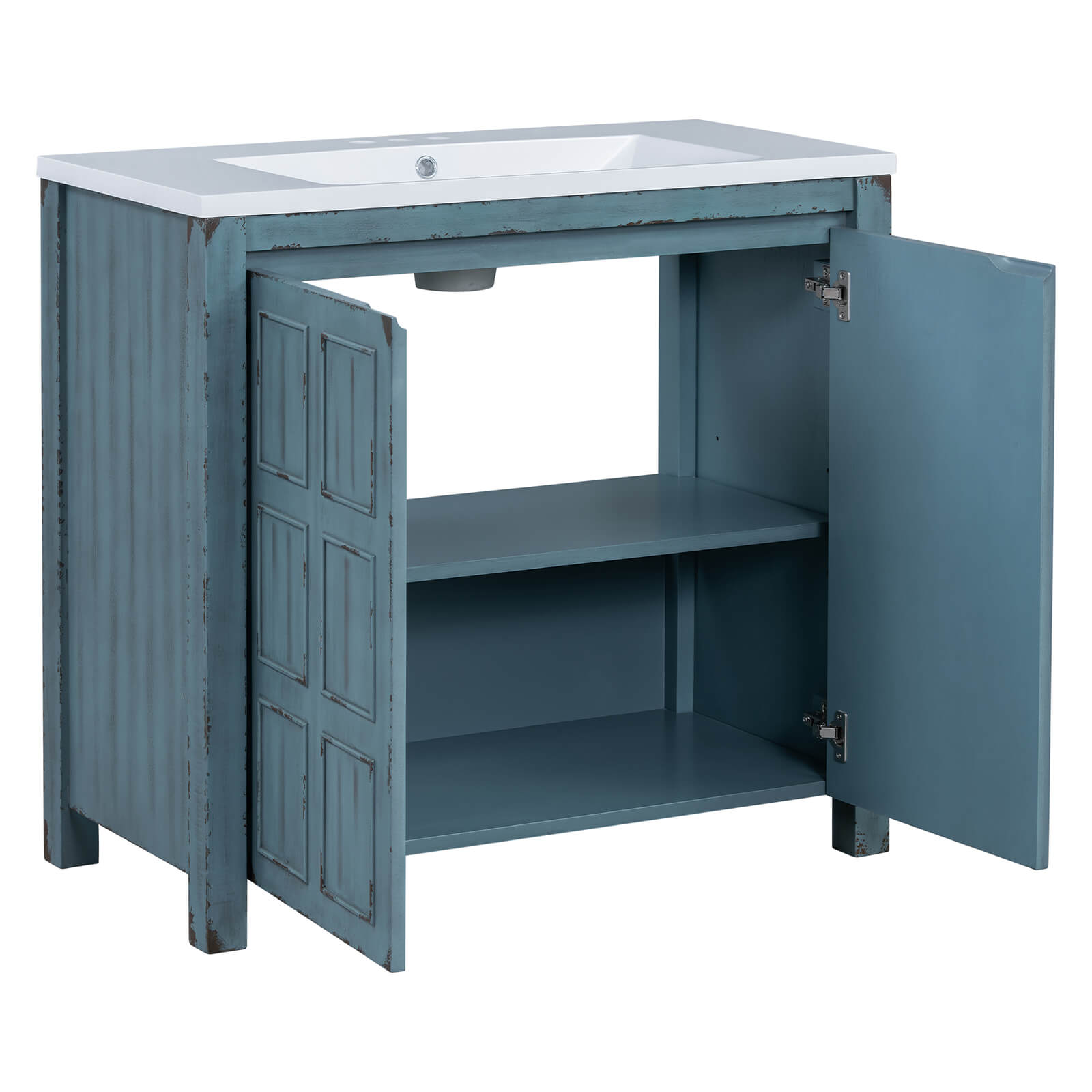 Retro blue bathroom vanity with premium wood frame and grid design