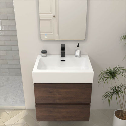 Rich walnut veneer bathroom vanity with minimalist floating design