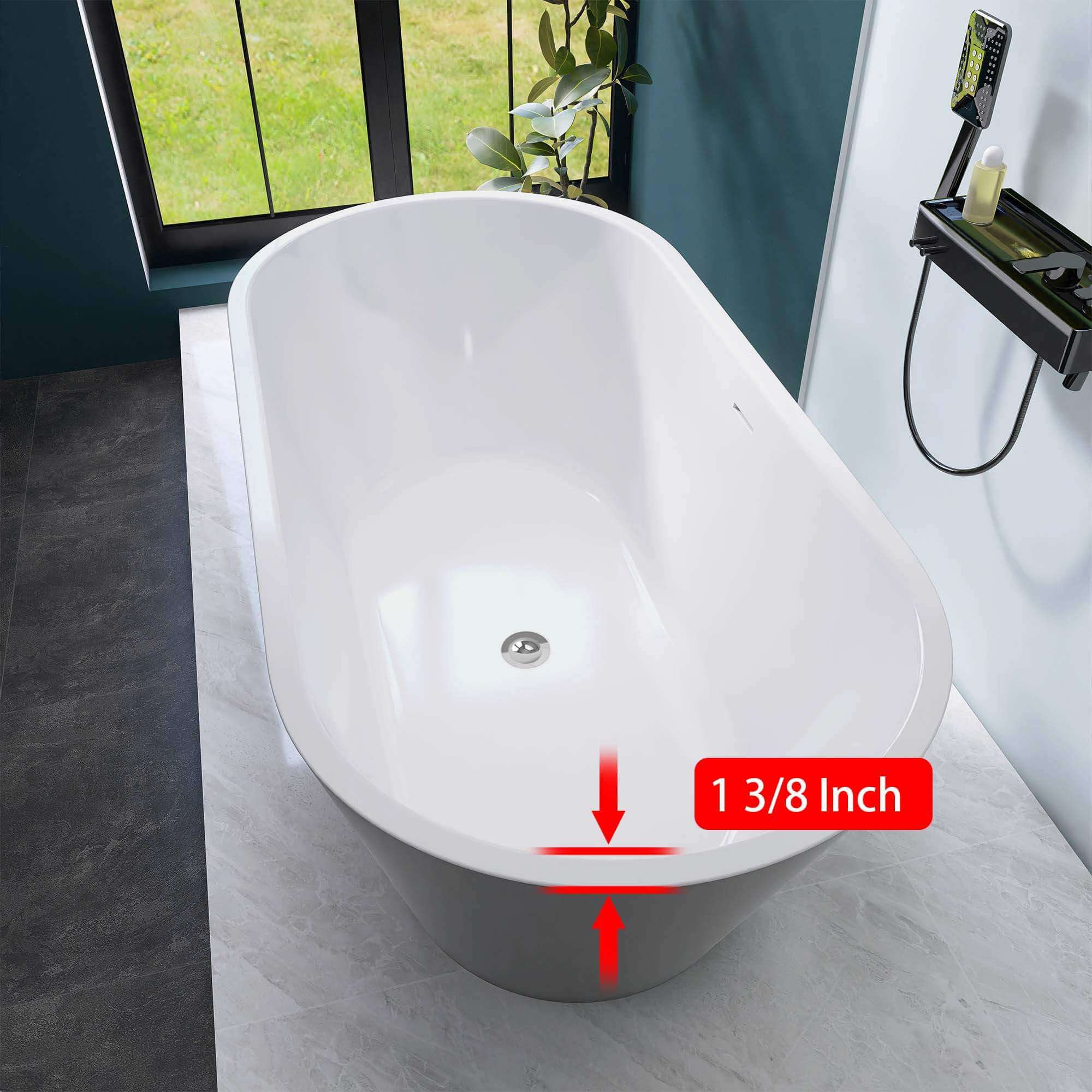 Rim thickness of 59 inch acrylic tub with pop up drain and center overflow