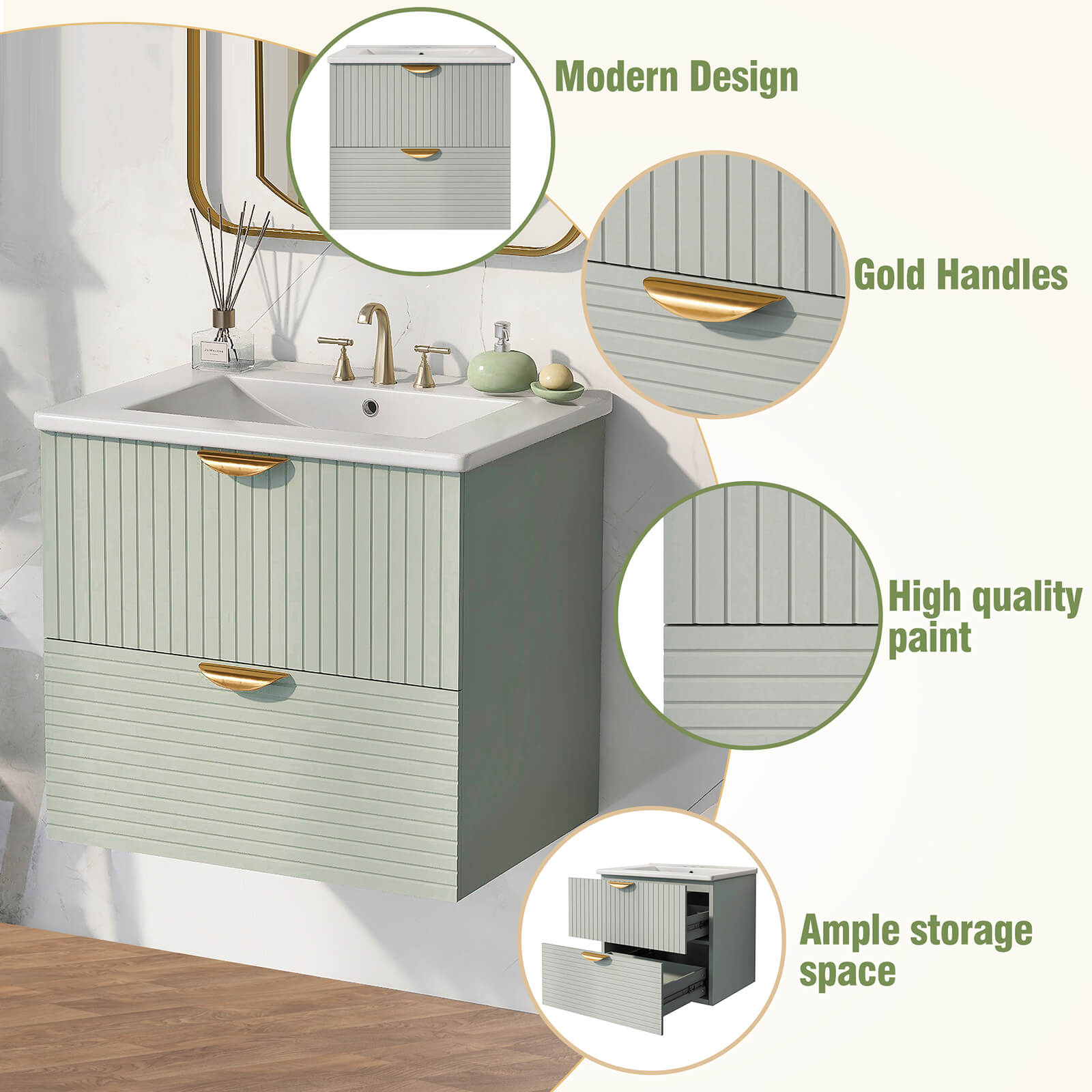 Sage green vanity with ample countertop space