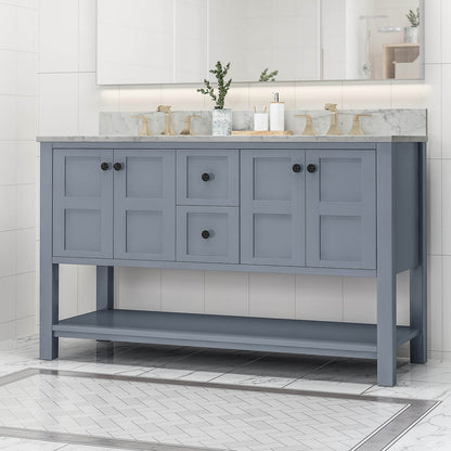 Schematic diagram of a 60 blue gray MDF bathroom vanity cabinet with marble countertop