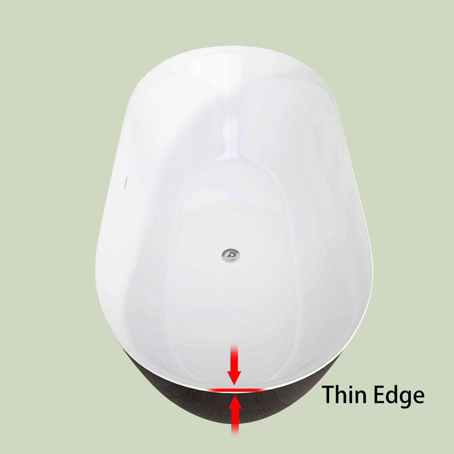 Schematic diagram of rim thickness for a 59 inch anti clogging classic oval acrylic bathtub in gloss black