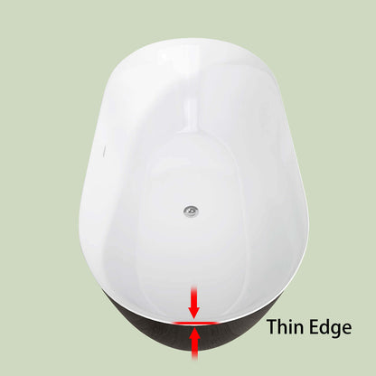 Schematic diagram of rim thickness for a 59 inch anti clogging classic oval acrylic bathtub in gloss black