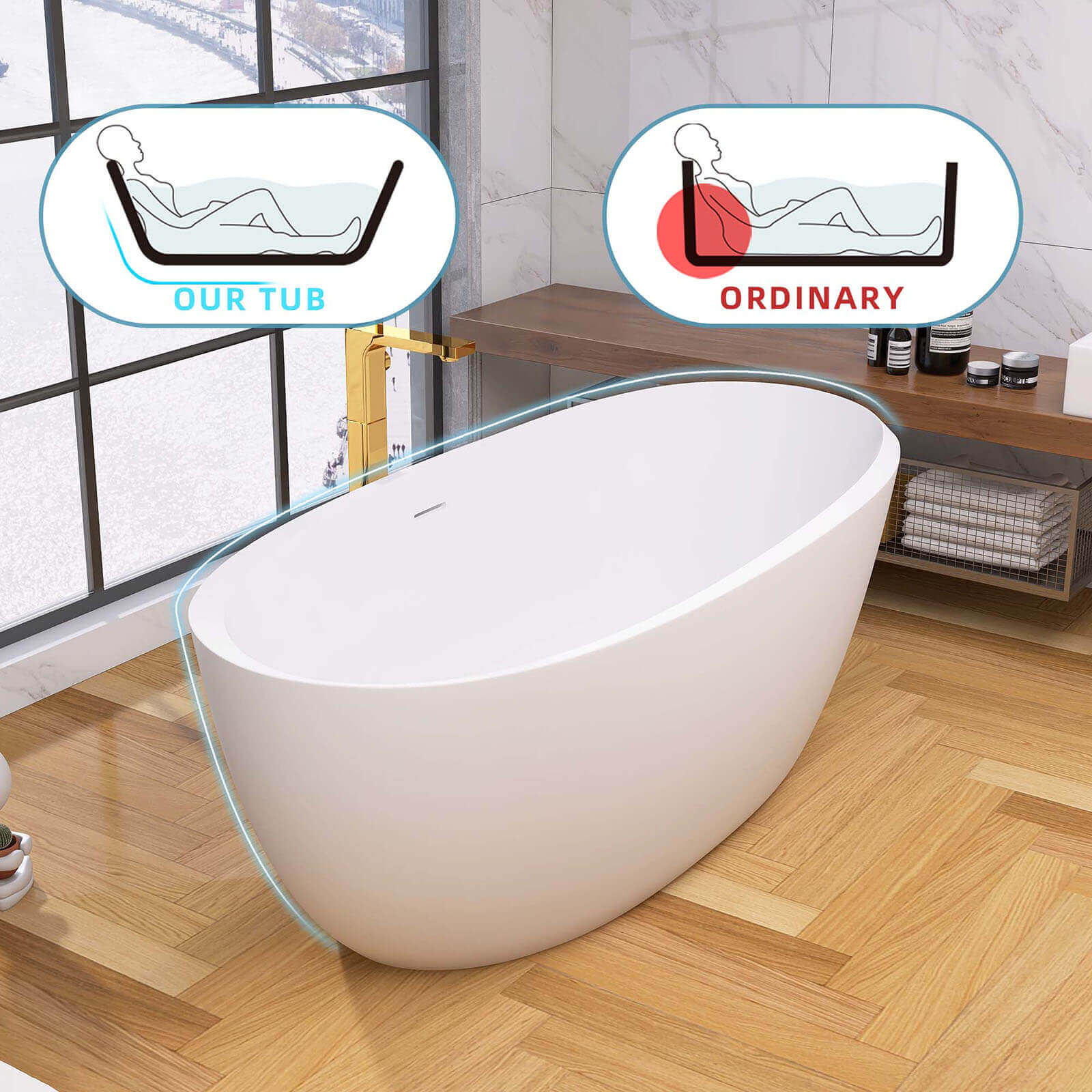 Schematic diagram of the tilt angle of a 67 acrylic double ended bathtub with center overflow