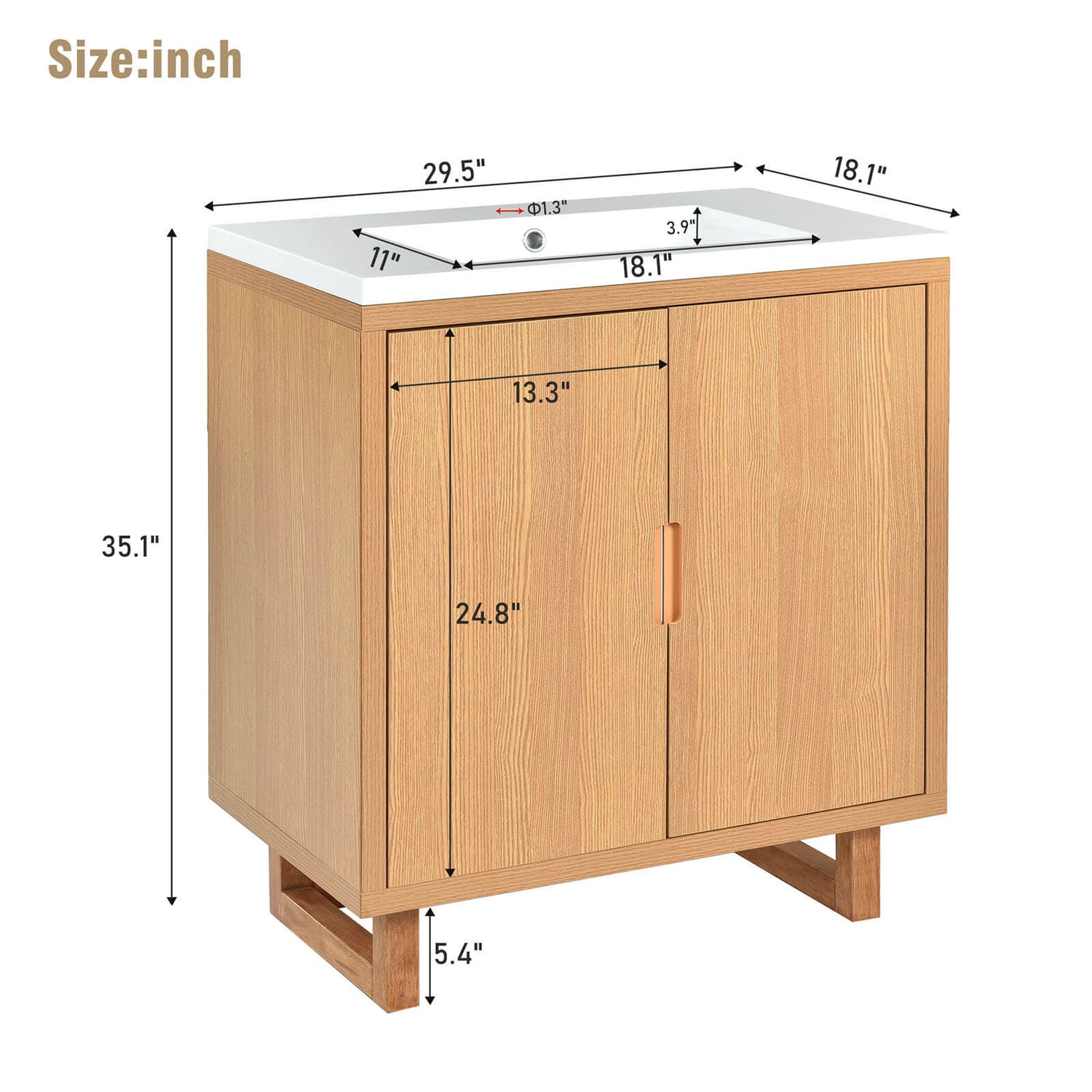 Showing the overall dimensions of the 30 in Minimalist Burlywood Bathroom Vanity for precise fit