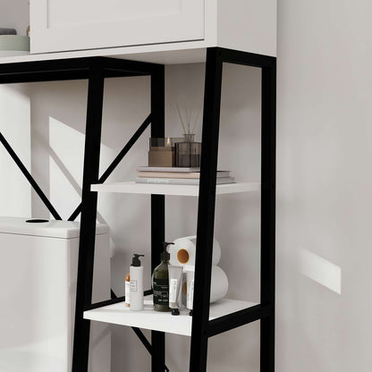 White Bathroom Over Toilet Storage with Sliding Barn Door, Adjustable Shelves, Side Rack