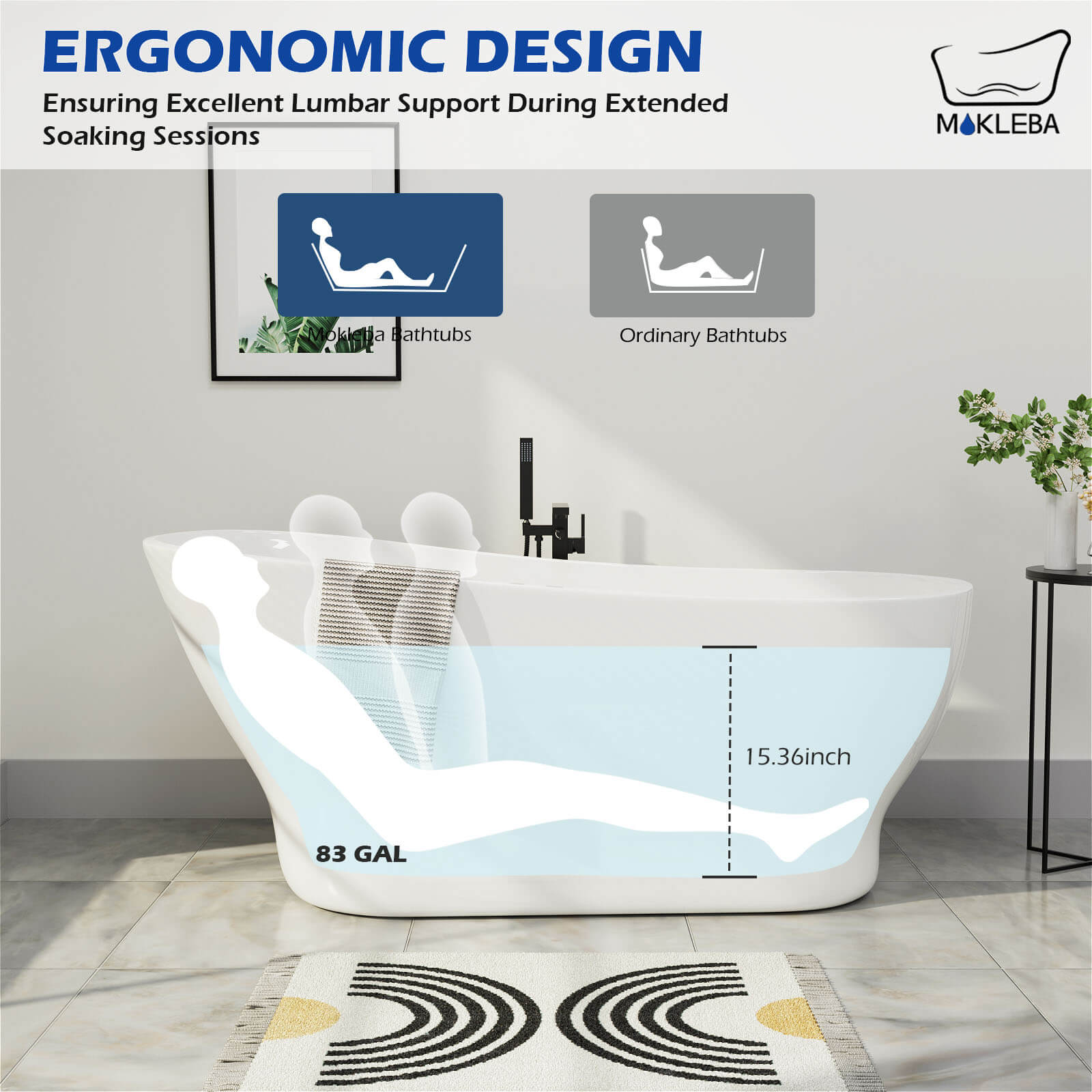 Mokleba 59&quot; Acrylic Single Slipper Tub Curve Shape Freestanding Bathtub