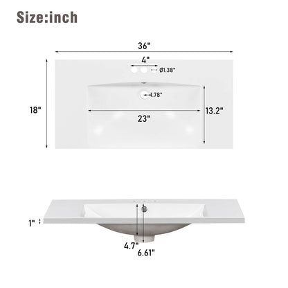 Sink Dimensions Specifications for 36 Inch Black Bathroom Vanity with 6 Drawers