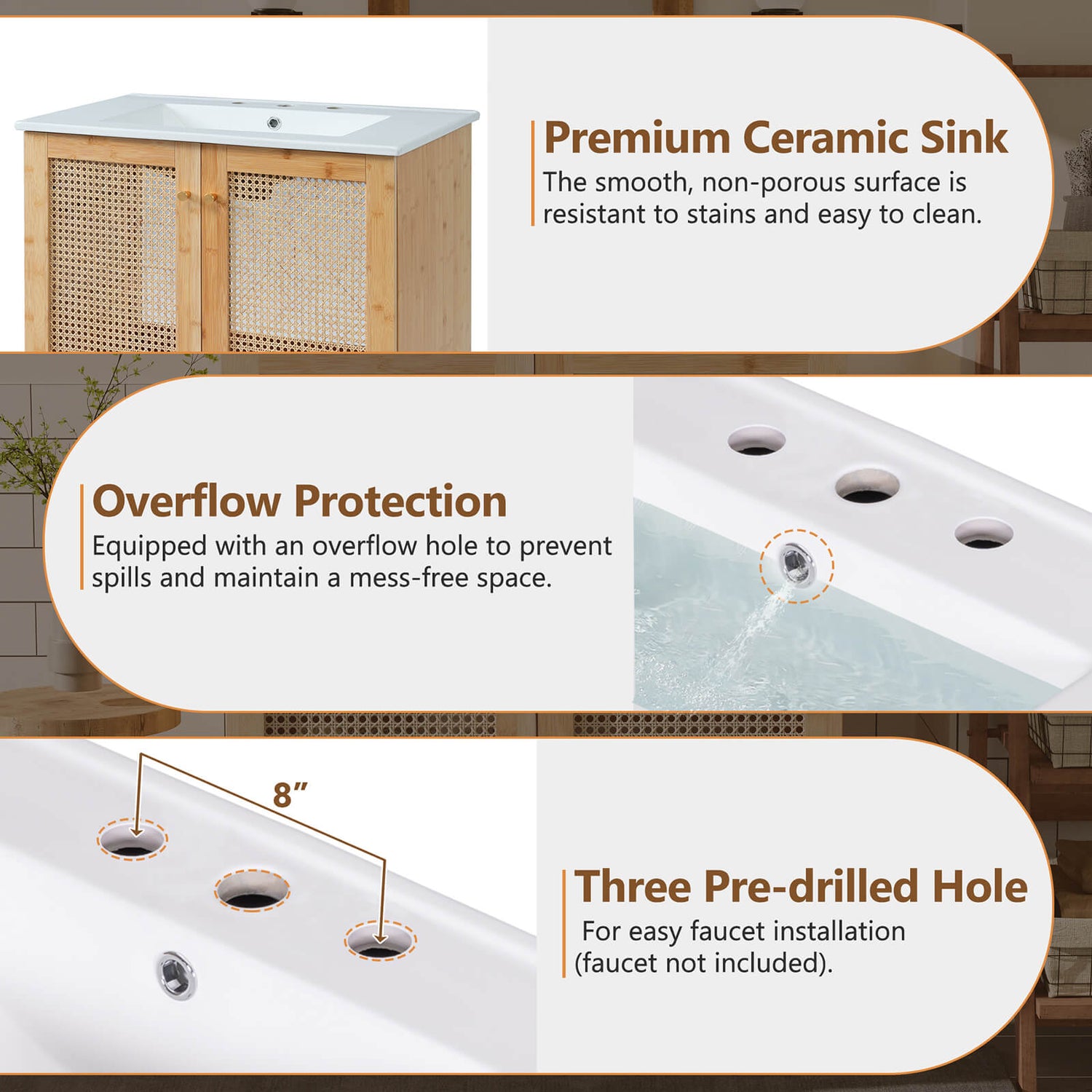 Sink Installation Instructions for 30 inch Rattan Bathroom Vanity with Top Basin