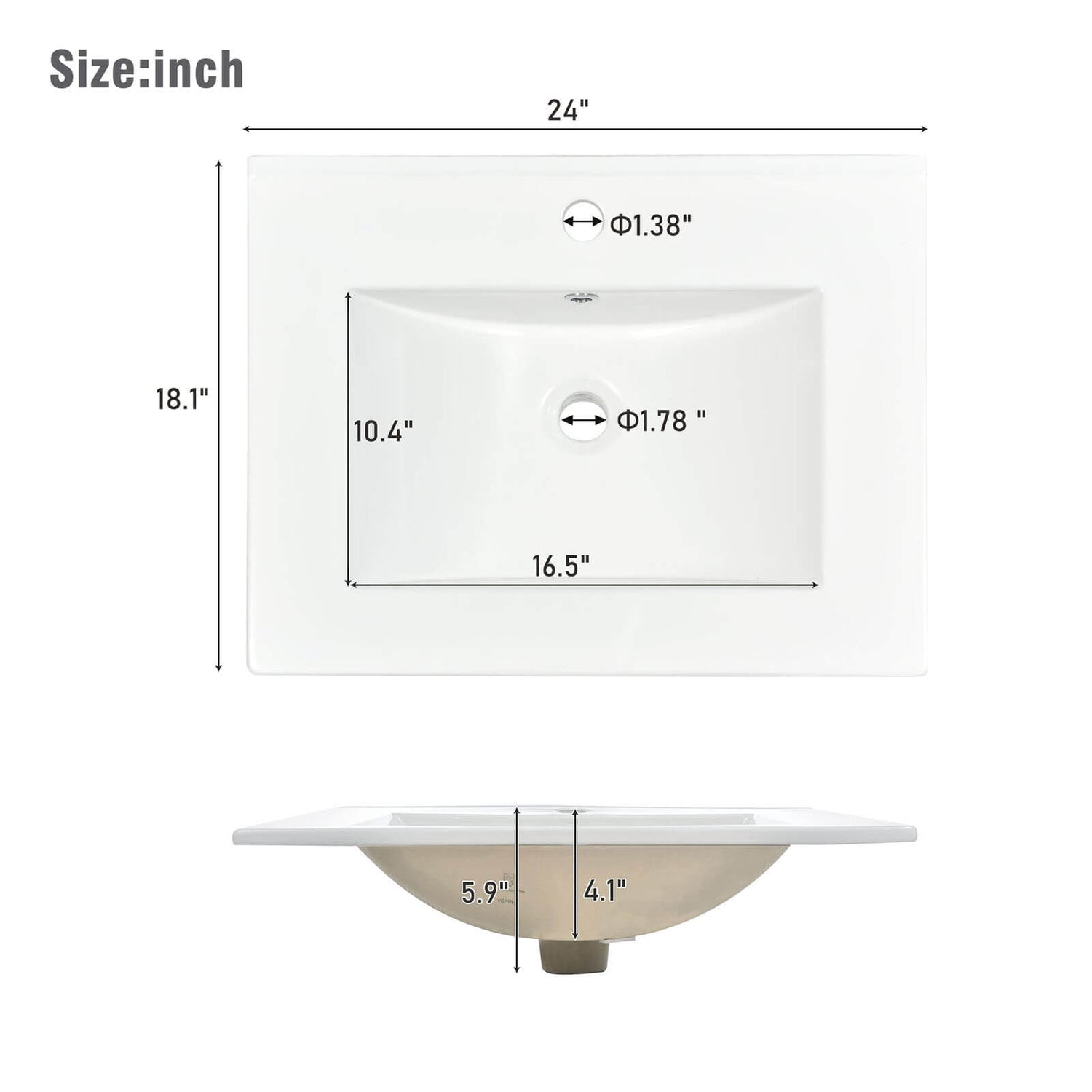 Sink dimensions and specifications for a 24 inch Shaker style bathroom vanity with open storage