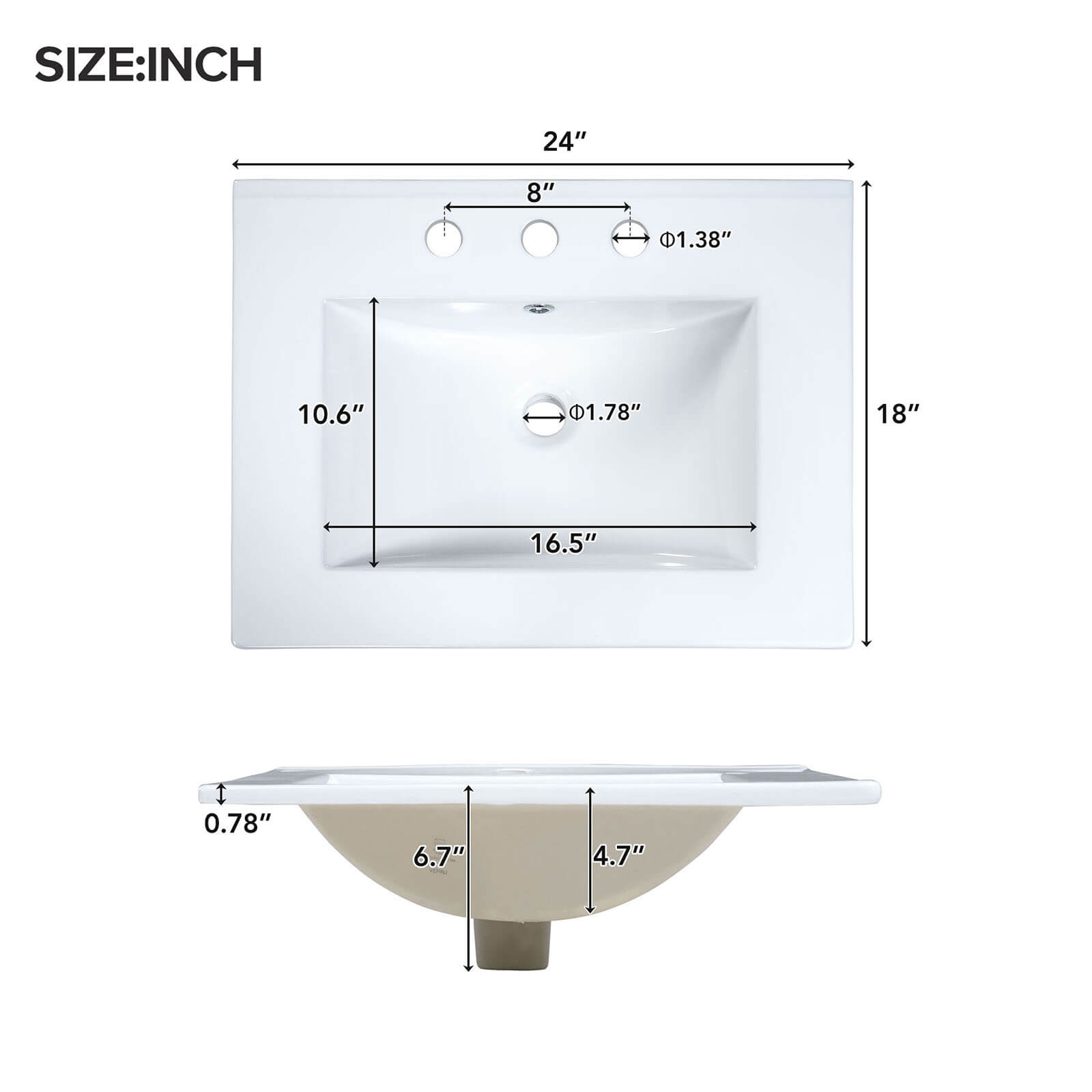 Sink dimensions for 24 in white vanity with built in shelves inside door