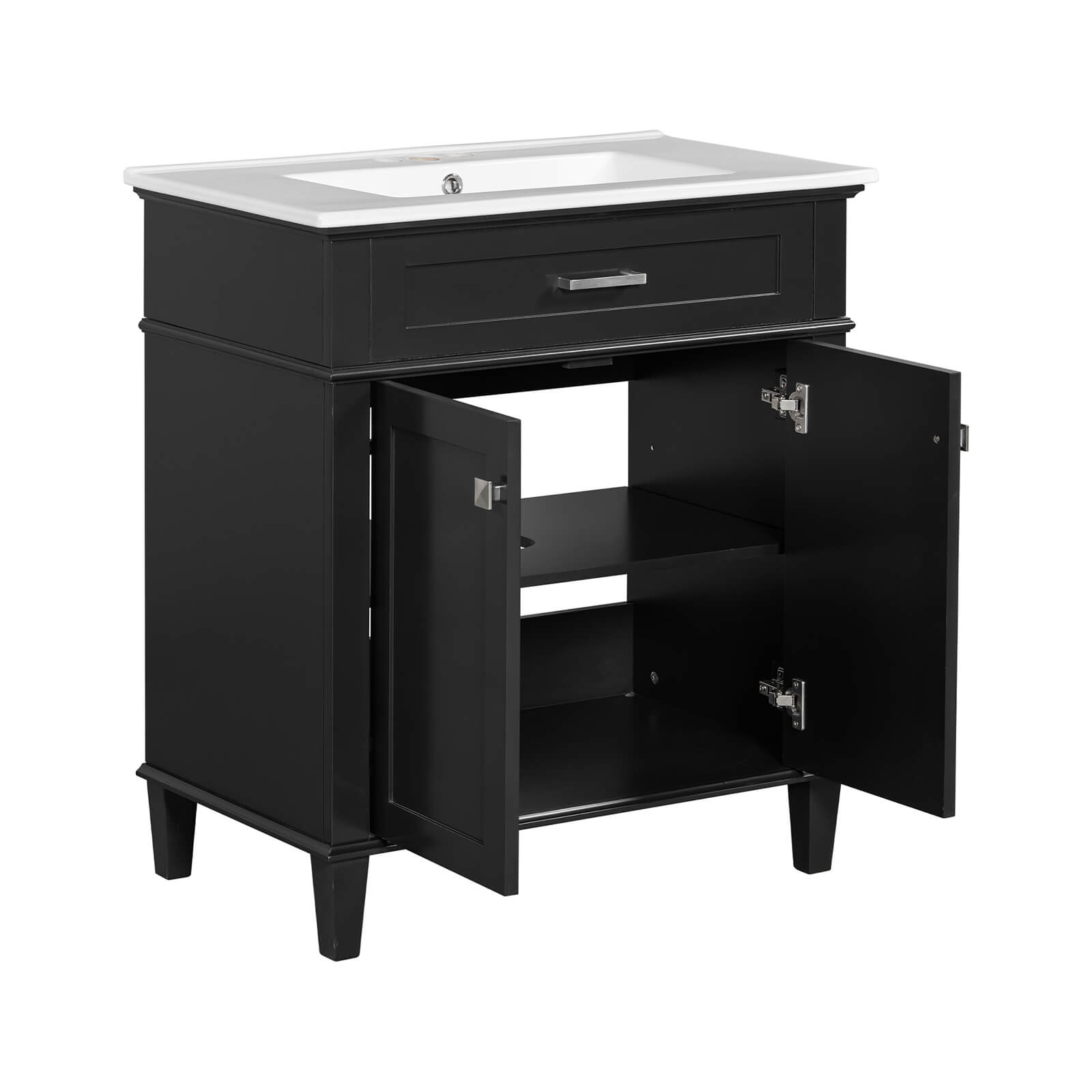 Sleek 30 black bathroom vanity with undermount sink and soft close door mechanism