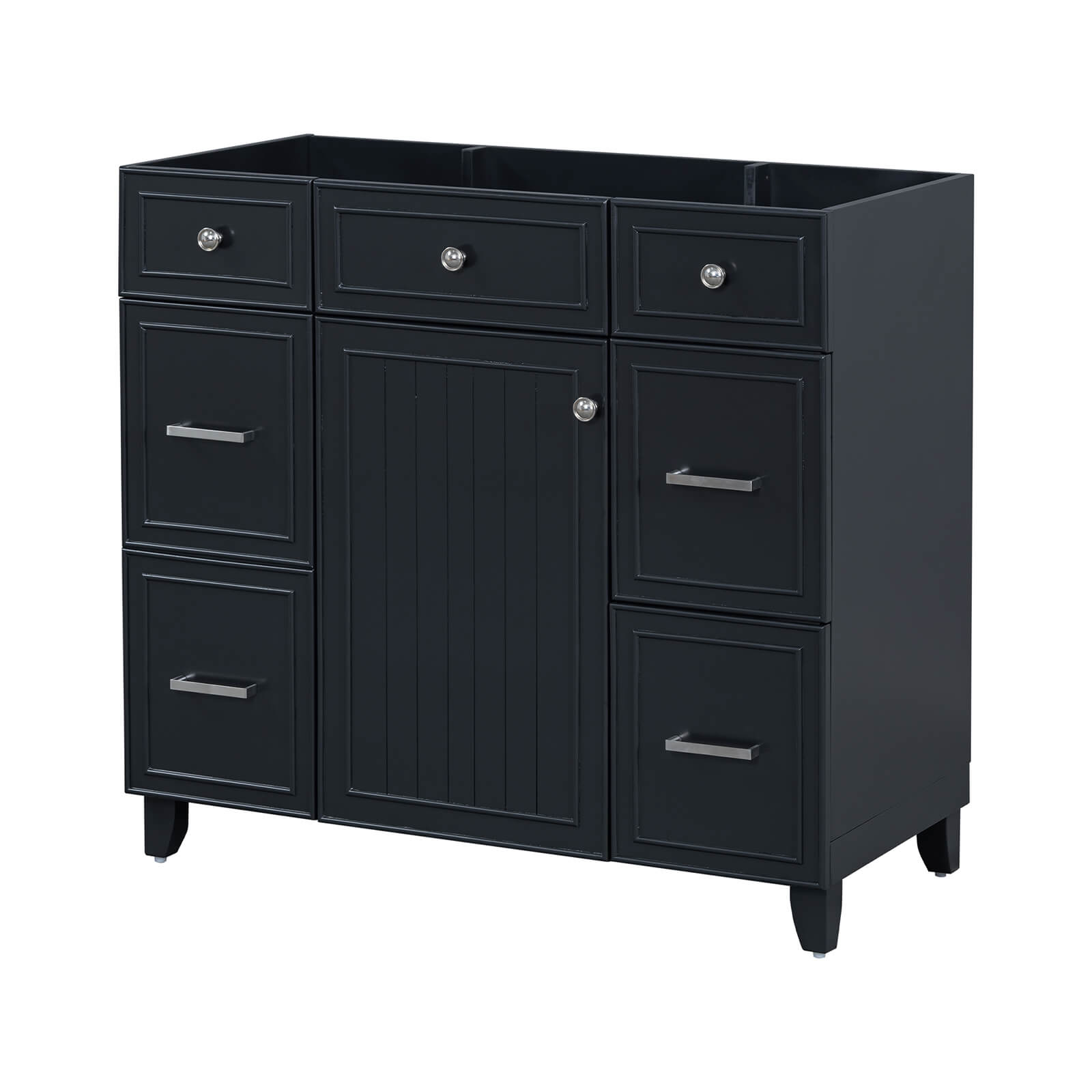 Sleek 36 black bathroom vanity cabinet with four drawers for storage