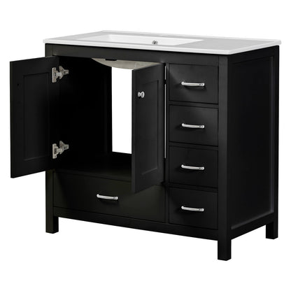 Sleek 36 inch black bathroom vanity with ceramic sink and right drawers