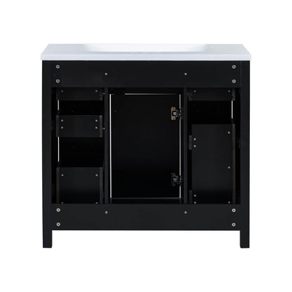 Sleek black bathroom vanity with resin sink and smart storage design