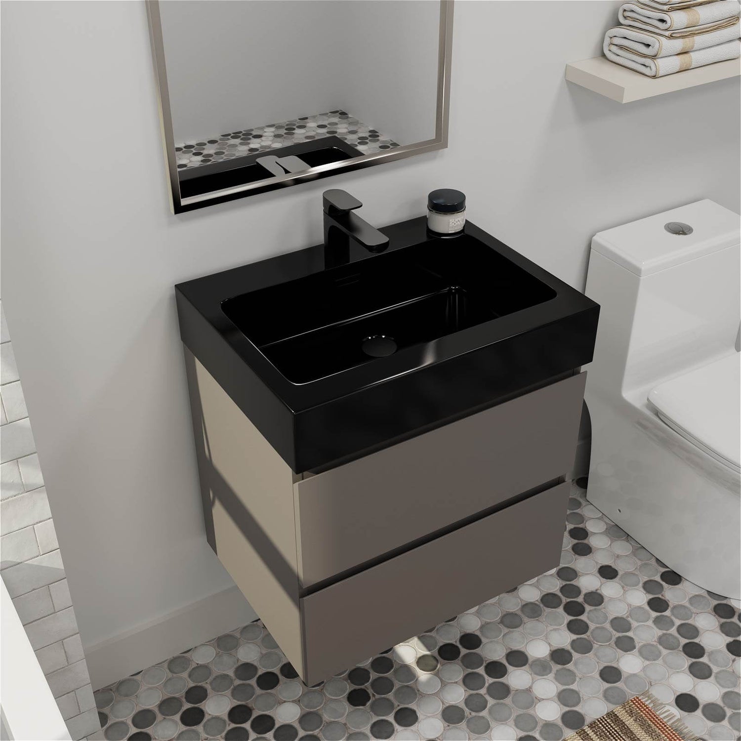 Sleek gray bathroom vanity with matte black solid surface sink