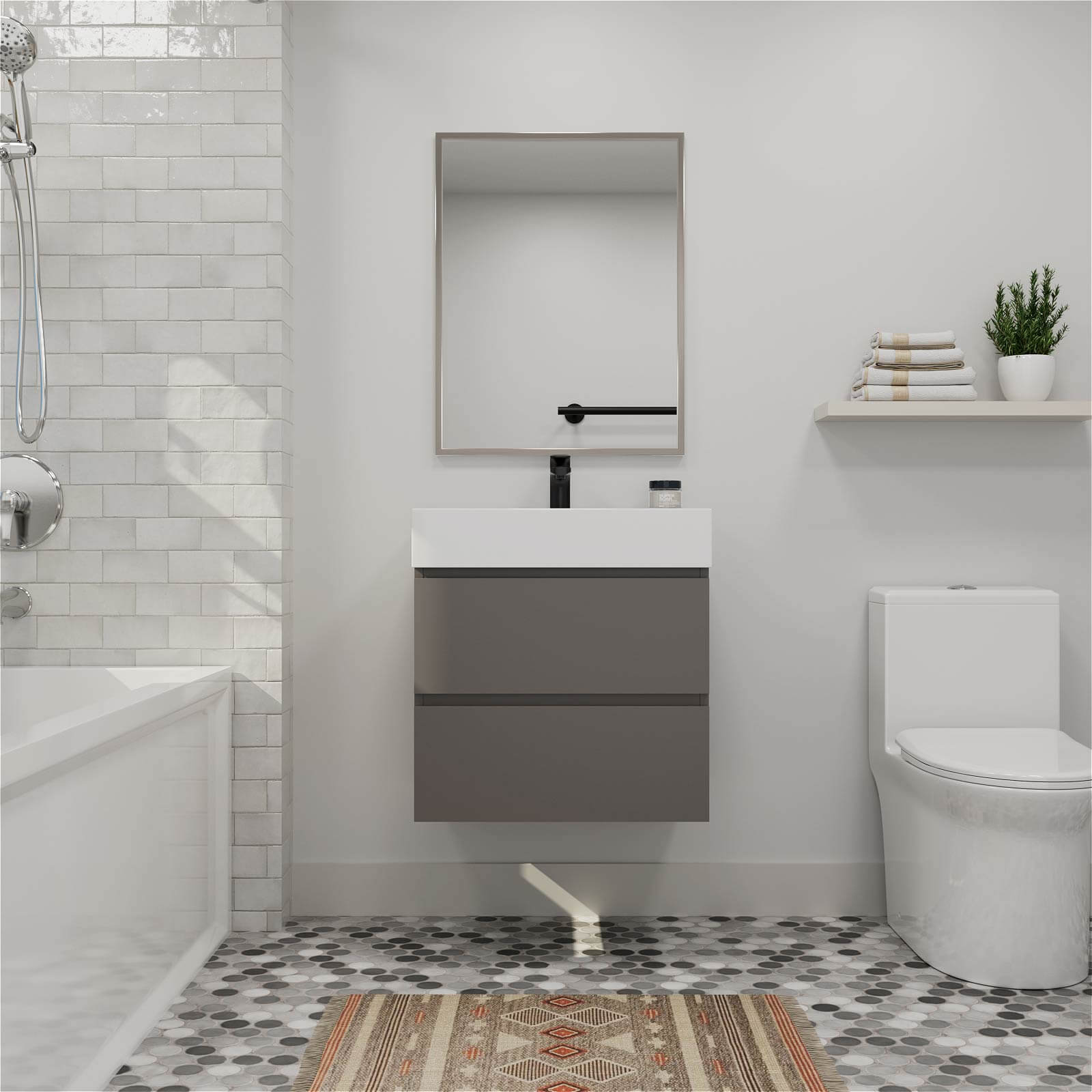 Sleek gray floating vanity with solid surface sink and minimalistic design