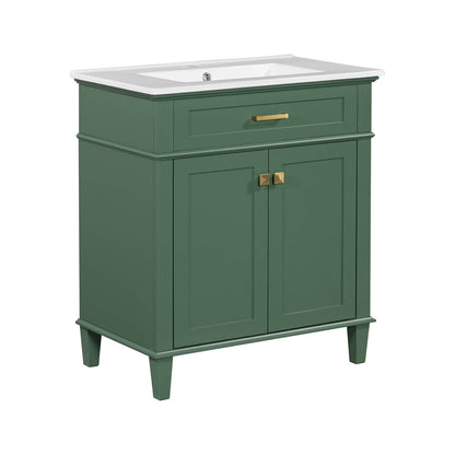 Sleek green bathroom vanity with gold tone handles and soft close doors