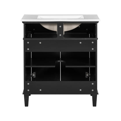 Sleek modern black vanity with smooth undermount ceramic sink_ perfect for small bathrooms