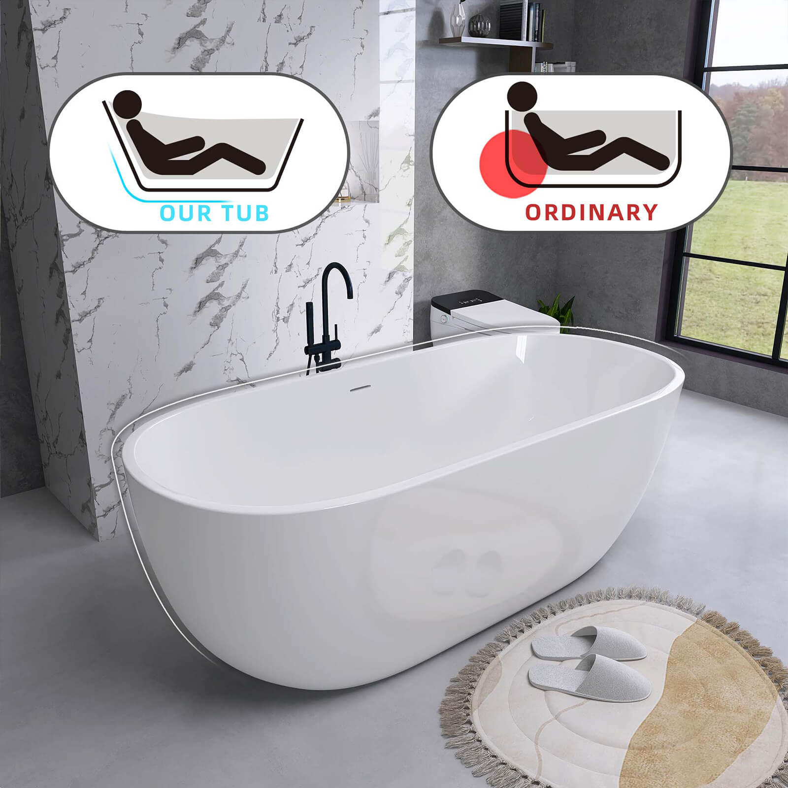 Sloping backrest for 65 inch 5 layer insulated acrylic bathtub