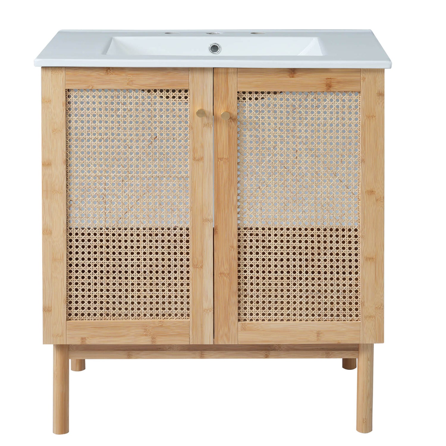 Space efficient 30 inch rattan bathroom vanity with elegant storage design