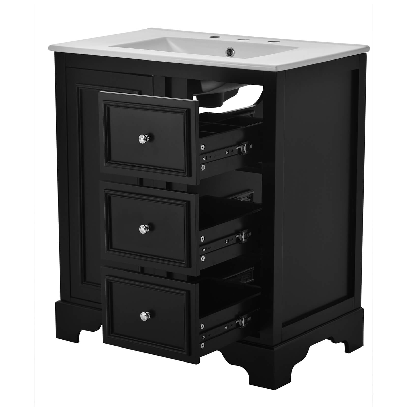 Space efficient black vanity with silver tone accents and modern design