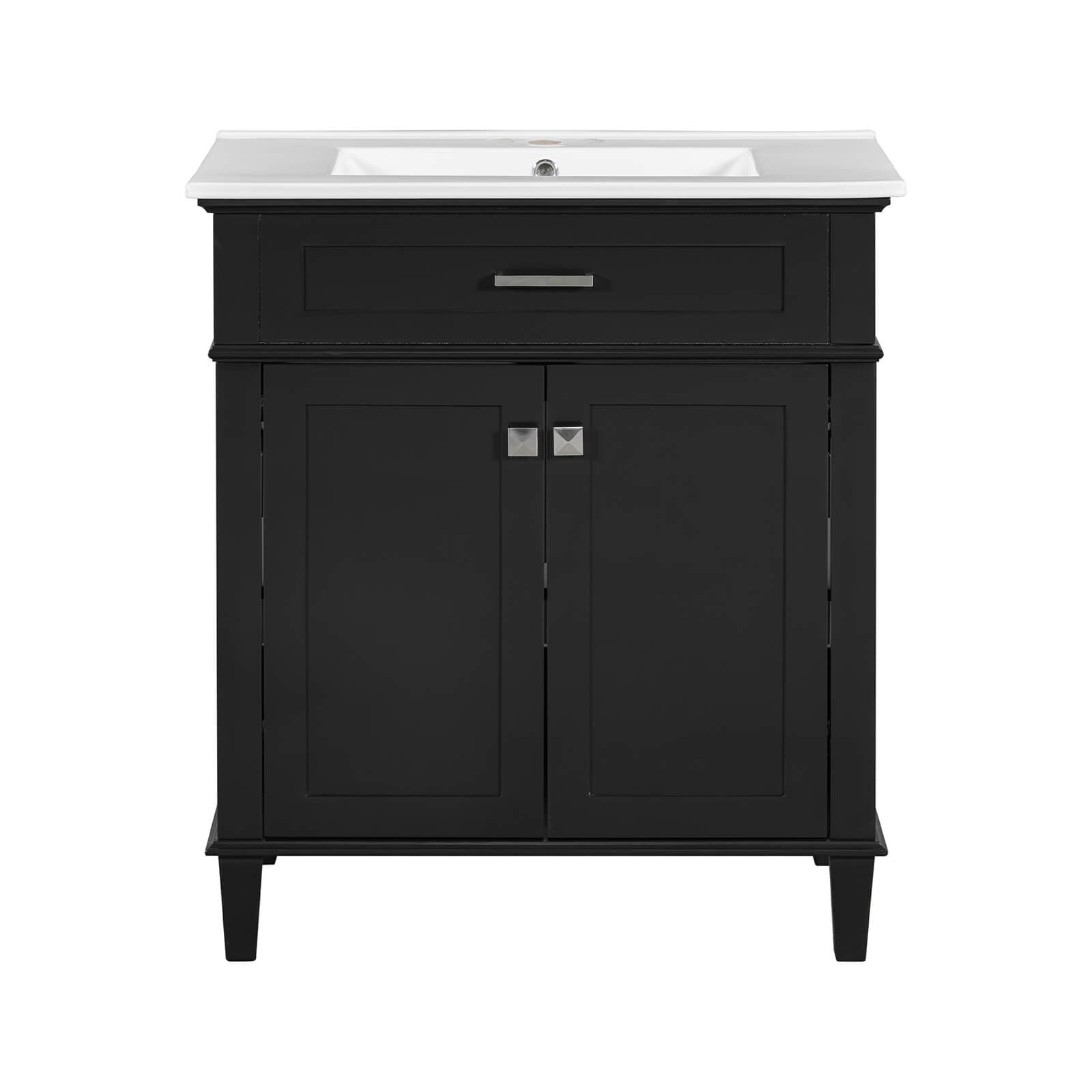 Space saving 30 black vanity with elegant undermount ceramic sink and silver metal handles