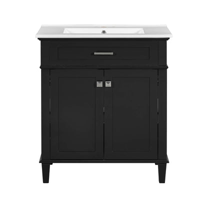 Space saving 30 black vanity with elegant undermount ceramic sink and silver metal handles