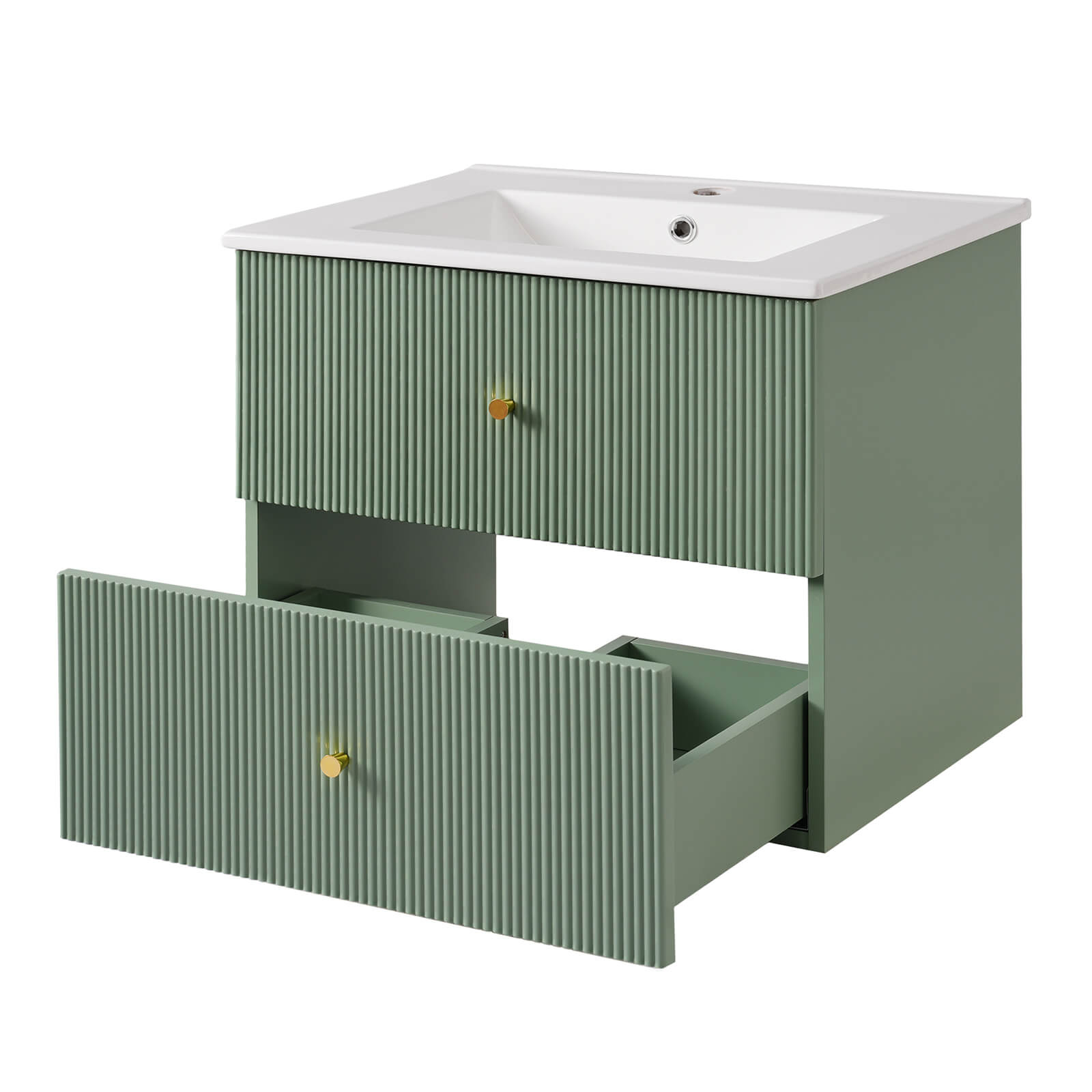 Space saving green wall mounted vanity with single hole sink faucet