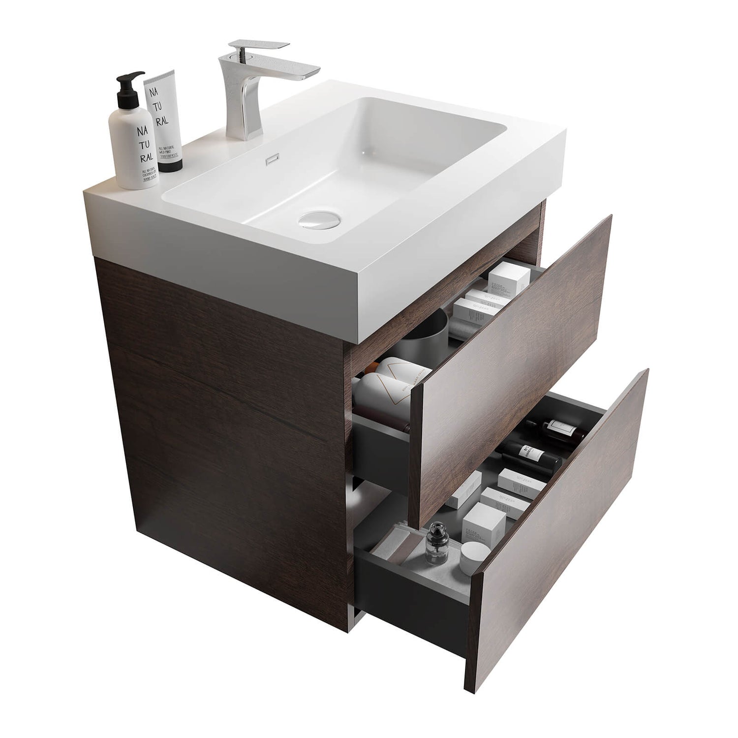 Space saving walnut bathroom vanity with timeless design and functionality