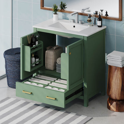 Space-saving green vanity with ceramic sink