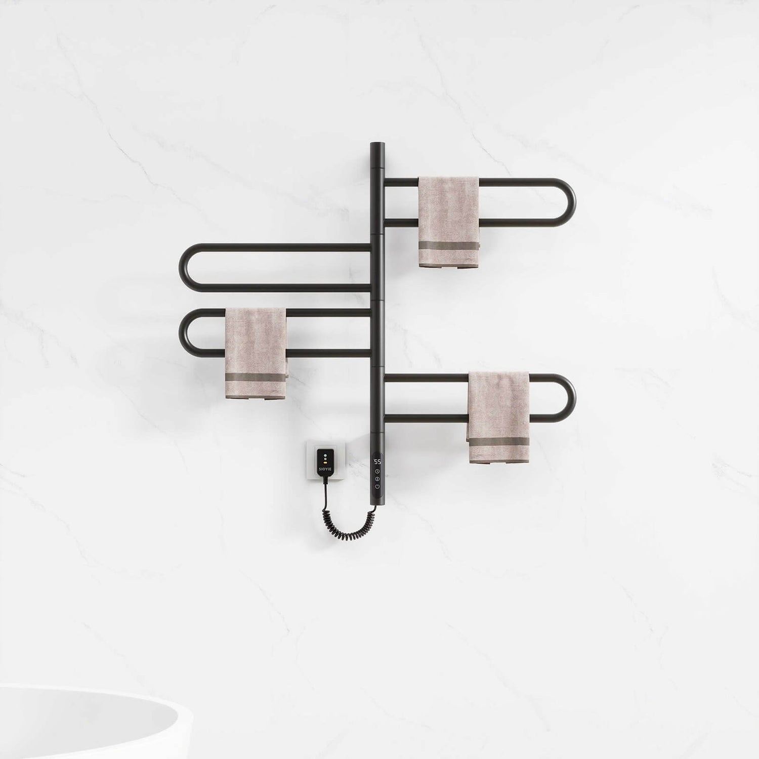 Space-saving wall-mounted black towel warmer