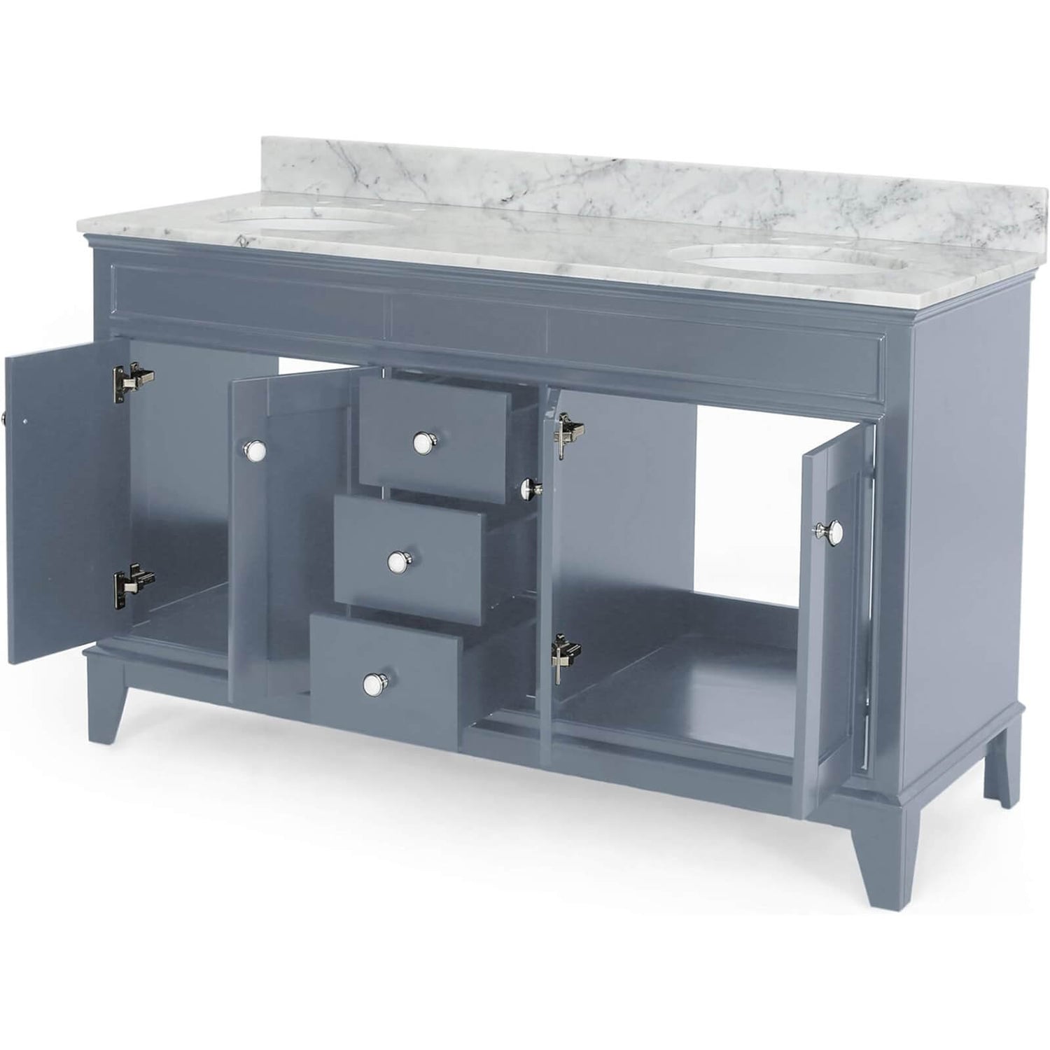 Spacious 61 inch blue grey double sink vanity with marble countertop and backsplash