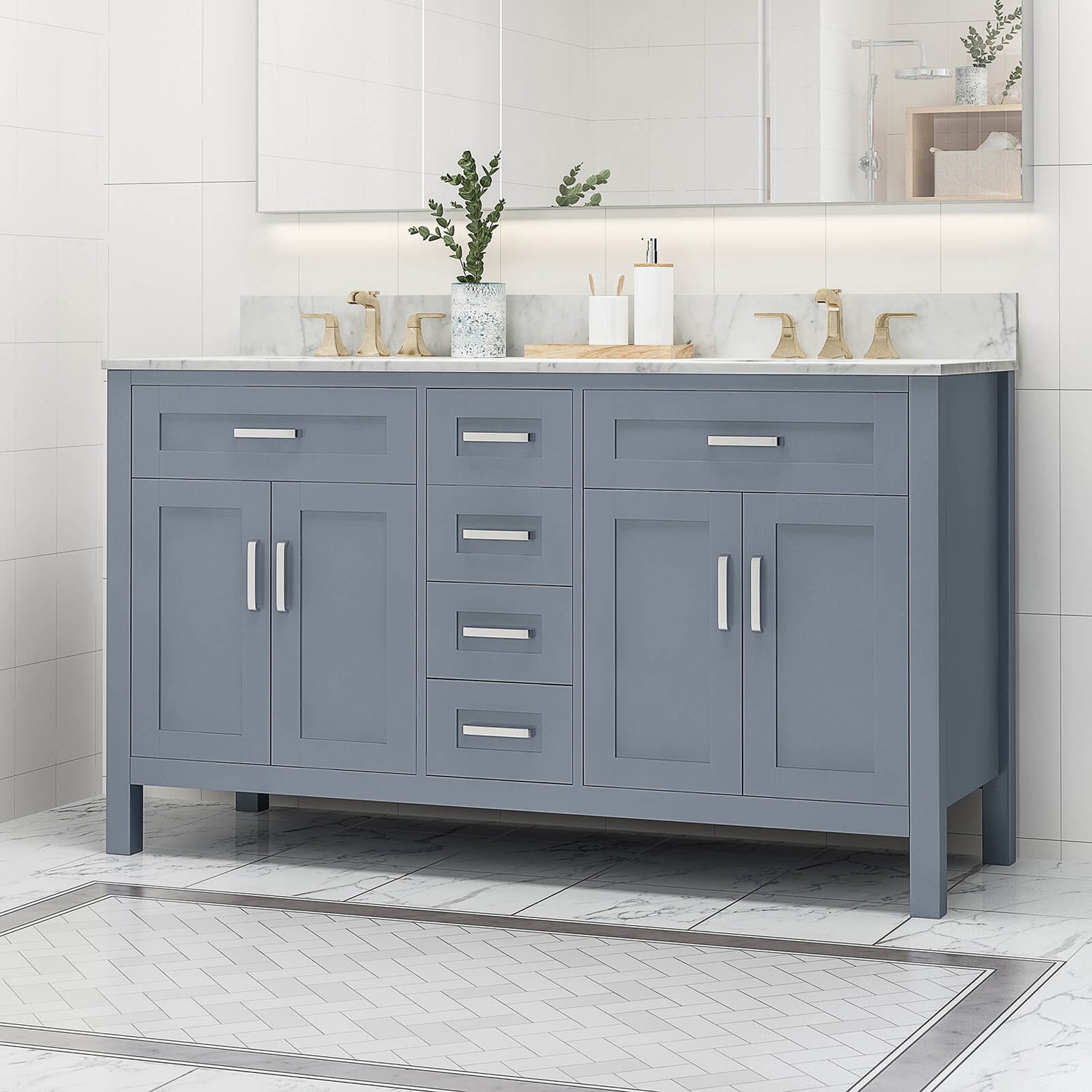 Spacious Bathroom Vanity with 4 Doors and 4 Drawers in Blue Grey Finish